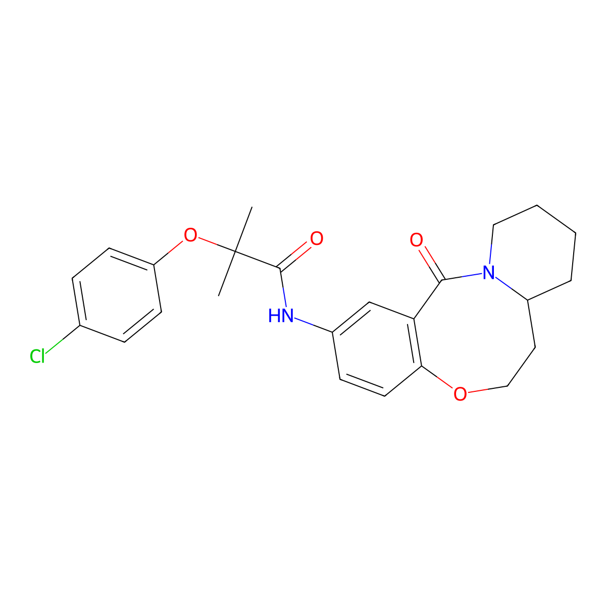 2-(4-chlorophenoxy)-2-methyl-N-{2-oxo-9-oxa-1-azatricyclo[10.4.0.0^{3,8}]hexadeca-3,5,7-trien-5-yl}propanamide molecular structure, CAS 1226428-10-9