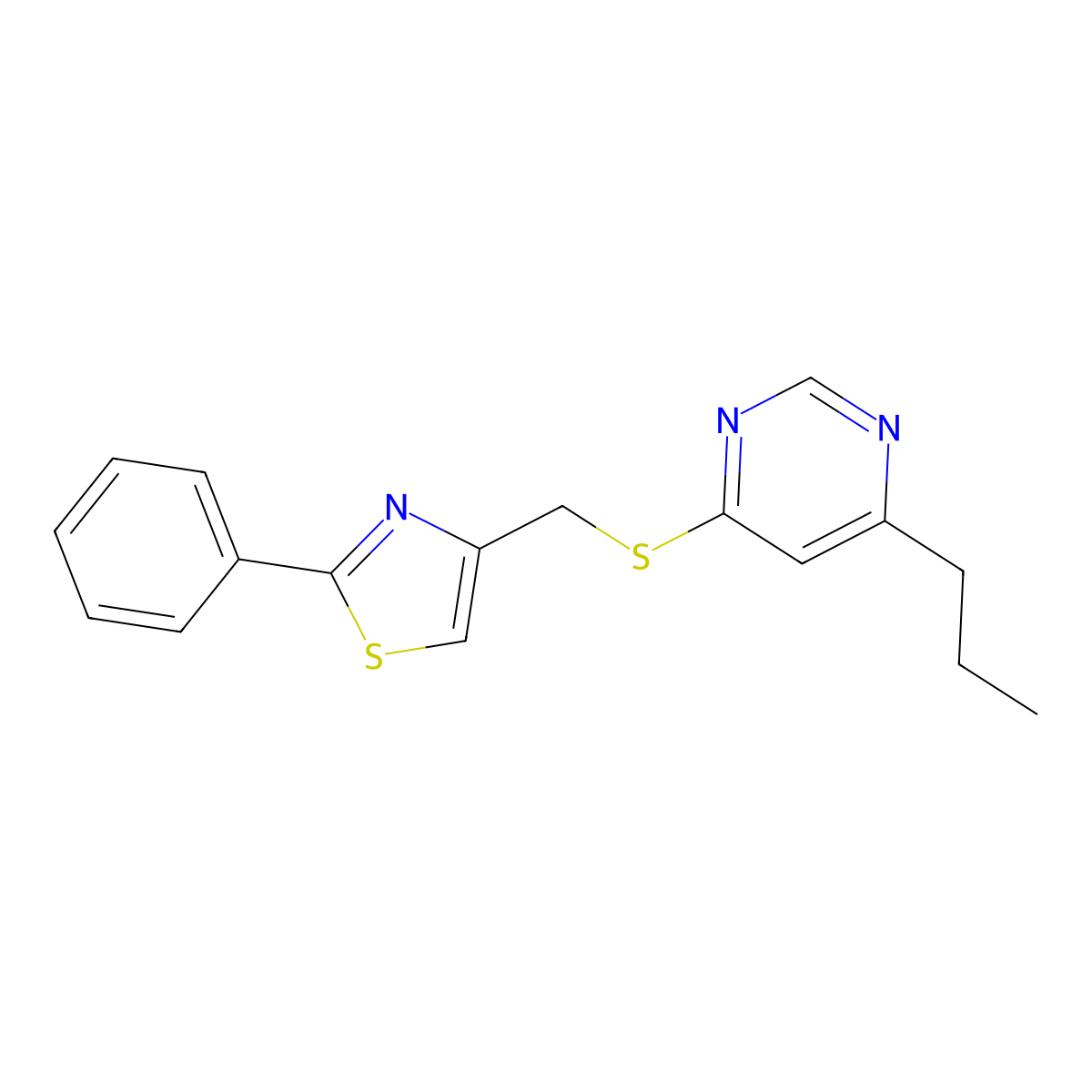 2-Phenyl-4-(((6-propylpyrimidin-4-yl)thio)methyl)thiazole molecular structure, CAS 1226428-23-4