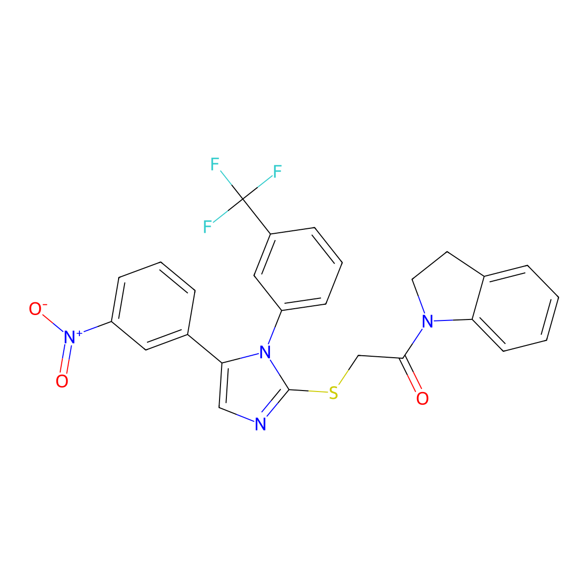 1-(indolin-1-yl)-2-((5-(3-nitrophenyl)-1-(3-(trifluoromethyl)phenyl)-1H-imidazol-2-yl)thio)ethanone molecular structure, CAS 1226428-24-5
