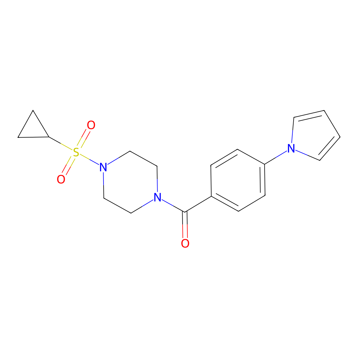 (4-(1H-pyrrol-1-yl)phenyl)(4-(cyclopropylsulfonyl)piperazin-1-yl)methanone molecular structure, CAS 1226428-30-3