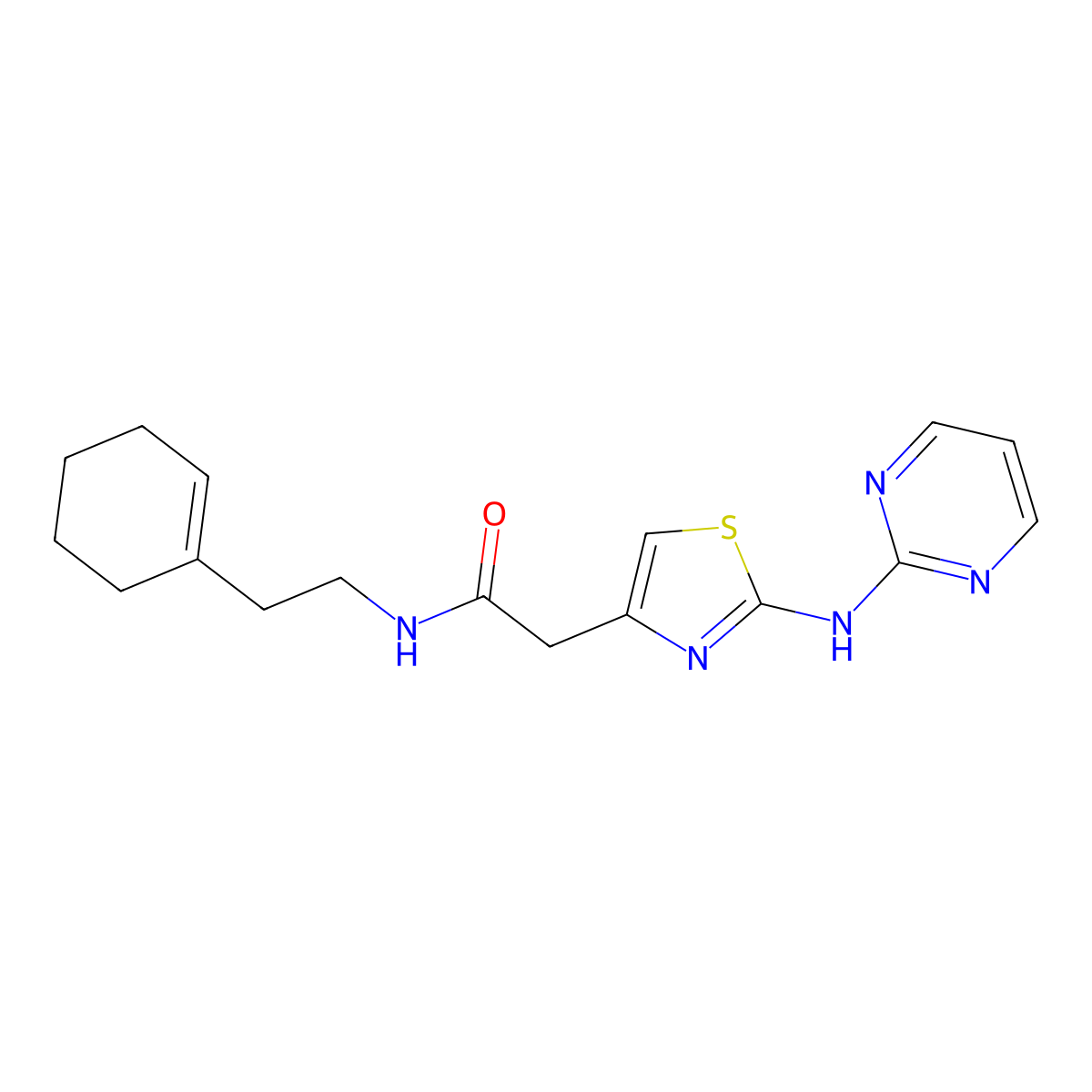 N-(2-(cyclohex-1-en-1-yl)ethyl)-2-(2-(pyrimidin-2-ylamino)thiazol-4-yl)acetamide molecular structure, CAS 1226428-34-7