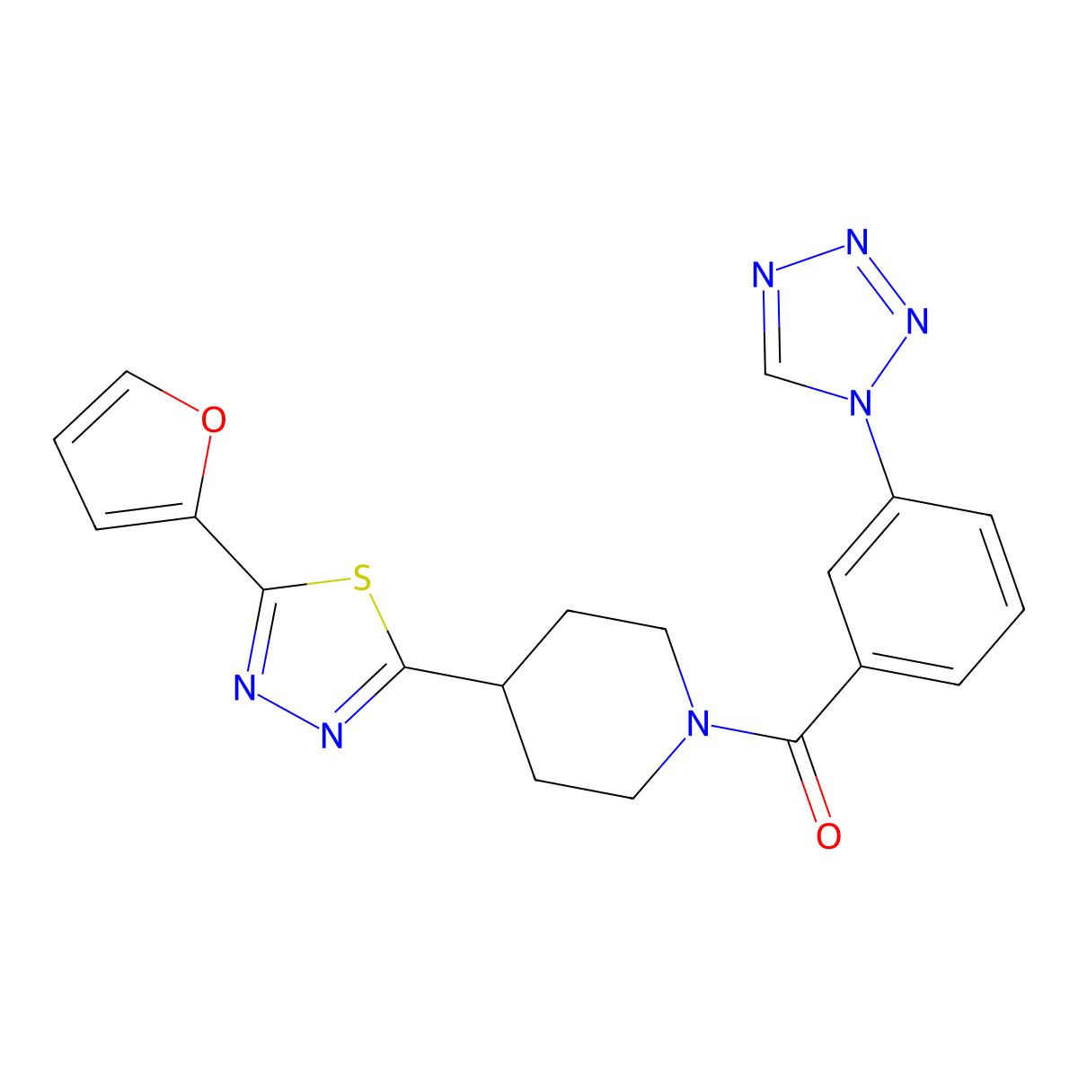 (3-(1H-tetrazol-1-yl)phenyl)(4-(5-(furan-2-yl)-1,3,4-thiadiazol-2-yl)piperidin-1-yl)methanone molecular structure, CAS 1226428-44-9