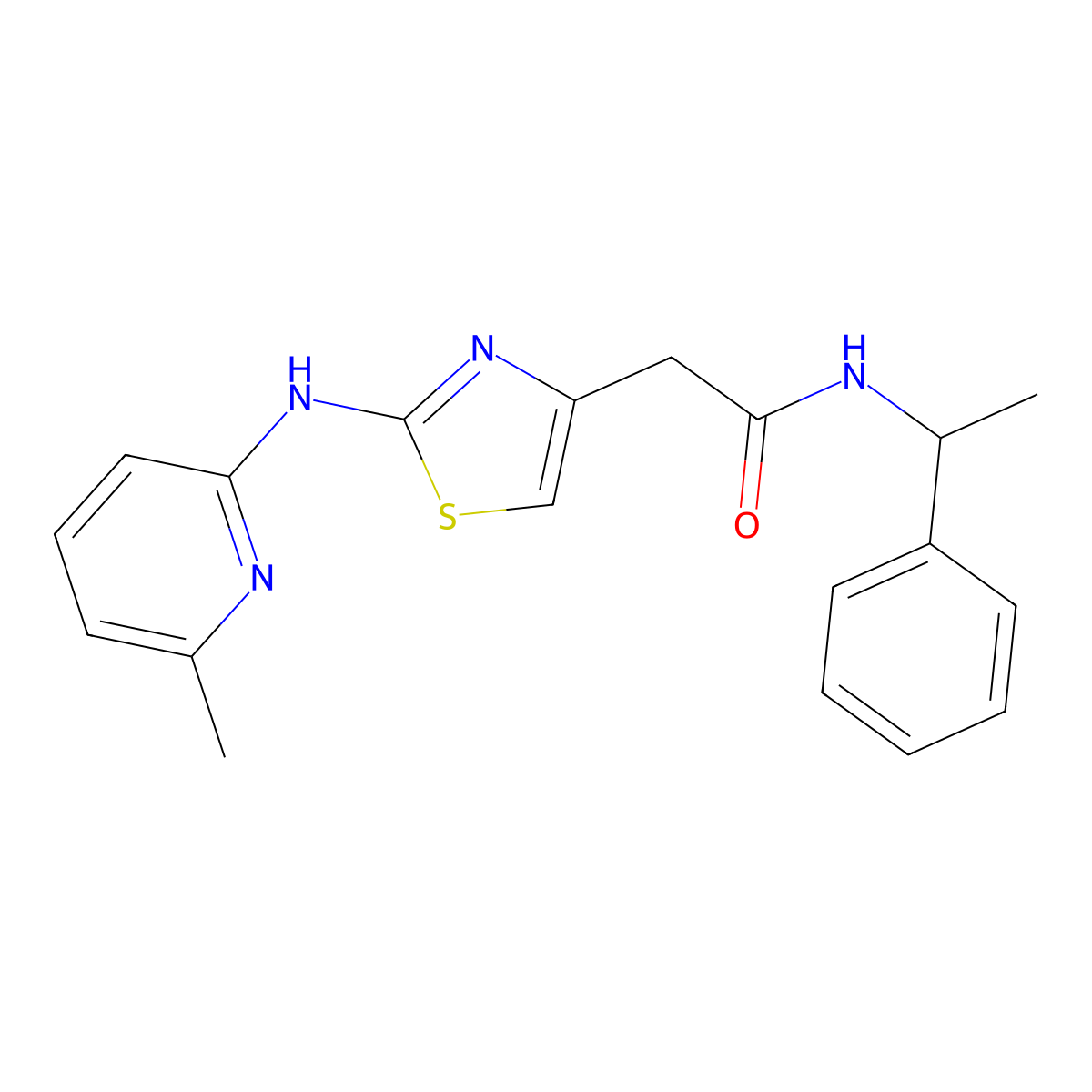 2-(2-((6-methylpyridin-2-yl)amino)thiazol-4-yl)-N-(1-phenylethyl)acetamide molecular structure, CAS 1226428-54-1