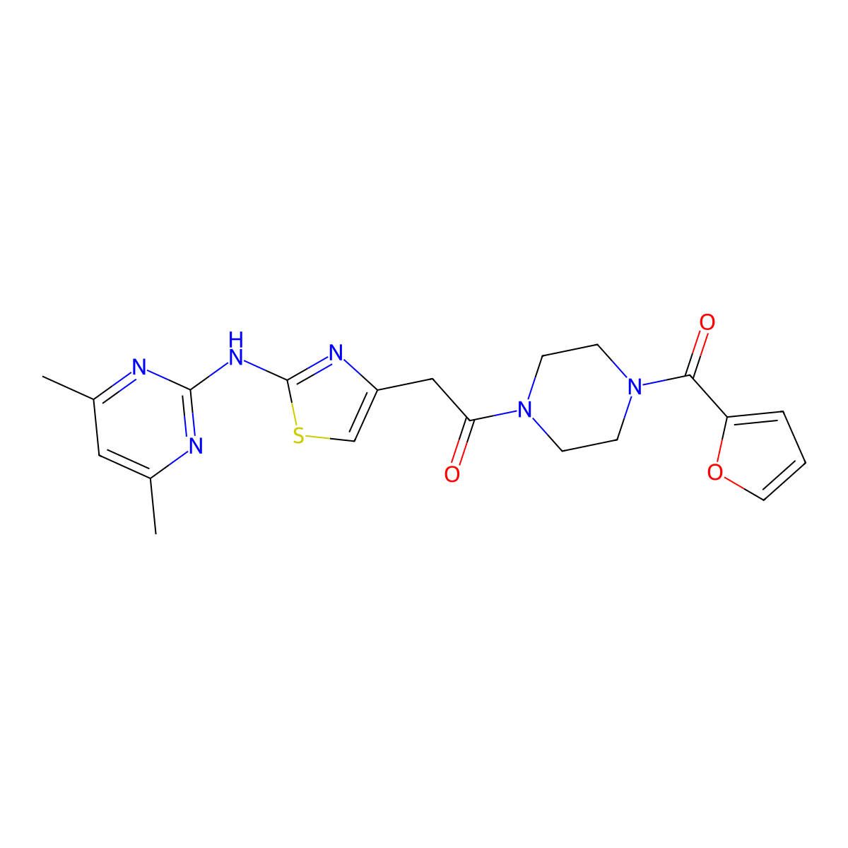 2-(2-((4,6-Dimethylpyrimidin-2-yl)amino)thiazol-4-yl)-1-(4-(furan-2-carbonyl)piperazin-1-yl)ethanone molecular structure, CAS 1226428-66-5