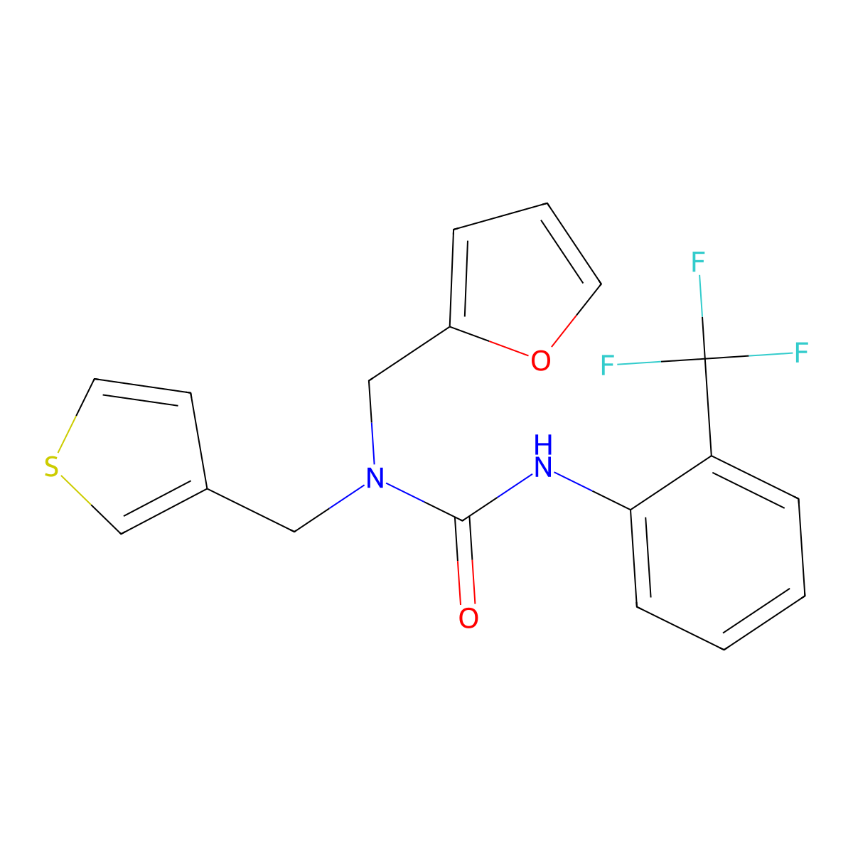 1-(Furan-2-ylmethyl)-1-(thiophen-3-ylmethyl)-3-(2-(trifluoromethyl)phenyl)urea molecular structure, CAS 1226428-69-8
