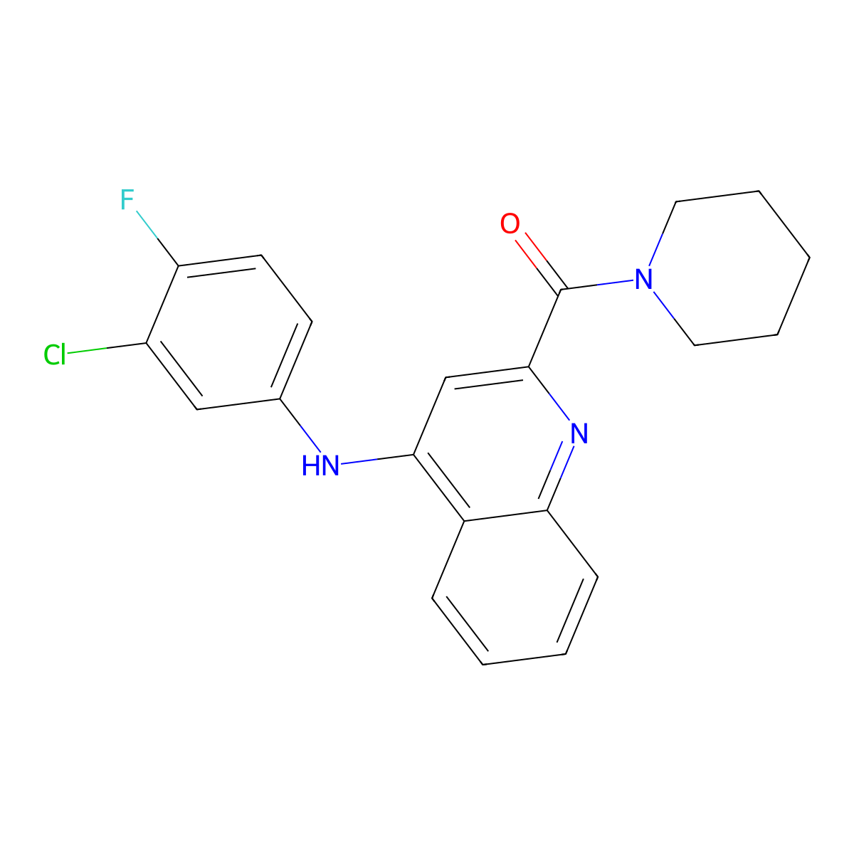 N-(3-chloro-4-fluorophenyl)-2-(piperidine-1-carbonyl)quinolin-4-amine molecular structure, CAS 1226428-73-4