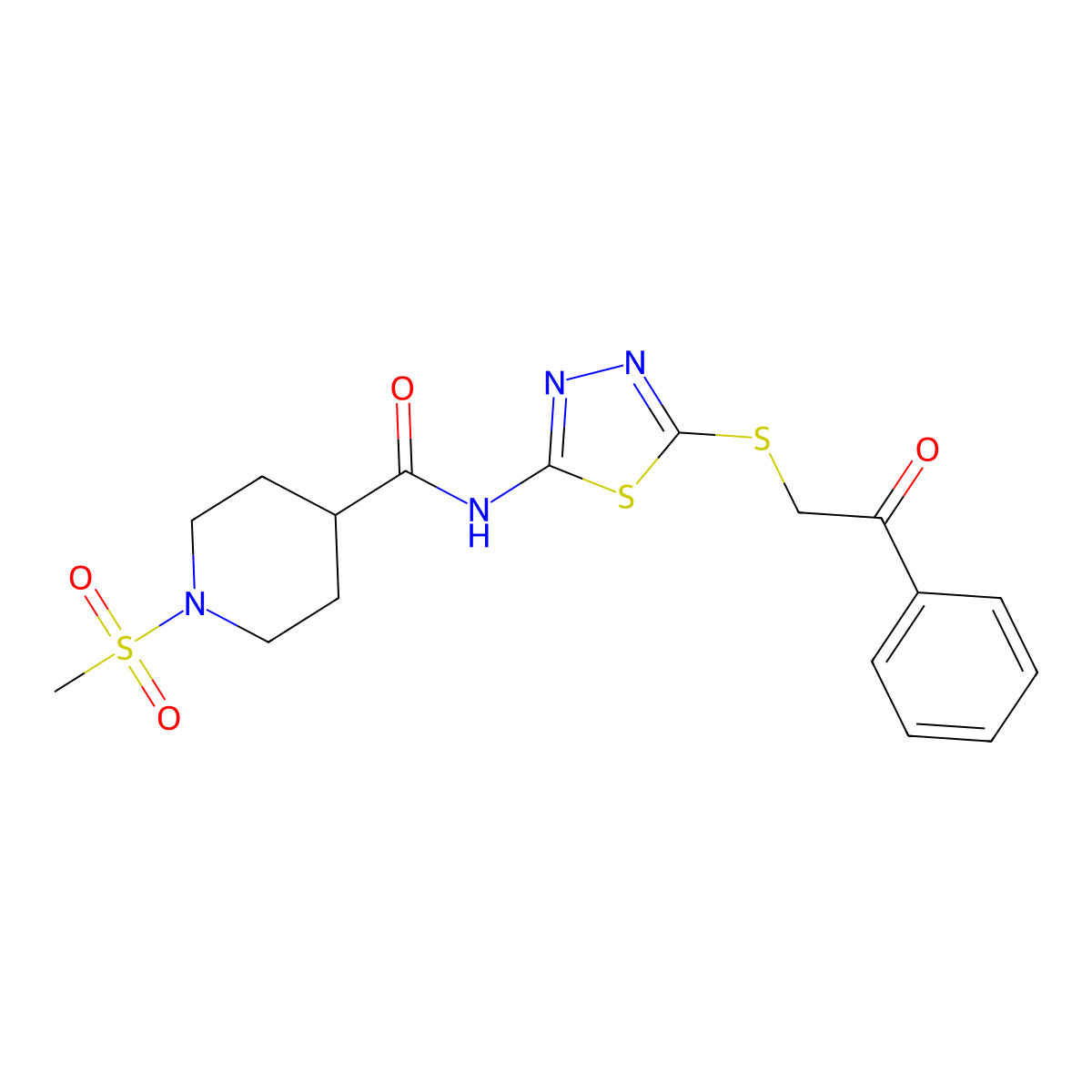 1-(methylsulfonyl)-N-(5-((2-oxo-2-phenylethyl)thio)-1,3,4-thiadiazol-2-yl)piperidine-4-carboxamide molecular structure, CAS 1226428-80-3