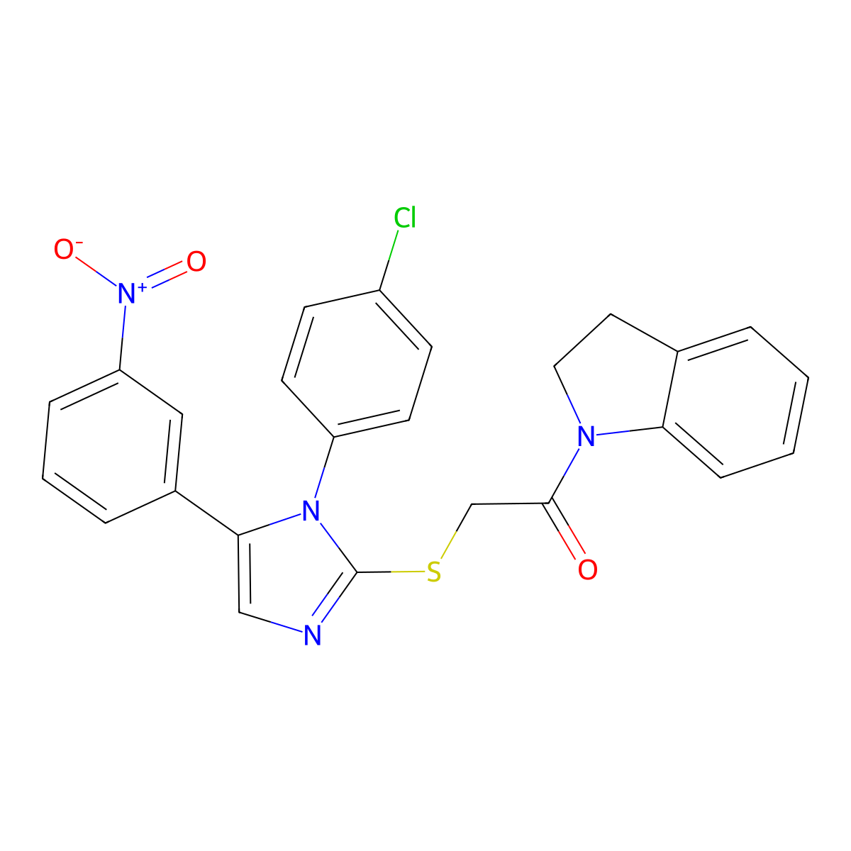 2-((1-(4-chlorophenyl)-5-(3-nitrophenyl)-1H-imidazol-2-yl)thio)-1-(indolin-1-yl)ethanone molecular structure, CAS 1226428-91-6