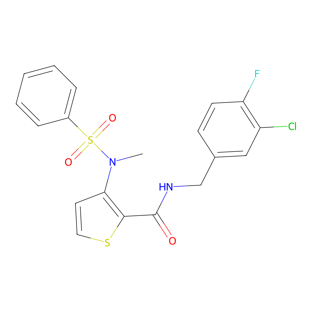 N-(3-chloro-4-fluorobenzyl)-3-[methyl(phenylsulfonyl)amino]thiophene-2-carboxamide molecular structure, CAS 1226429-11-3