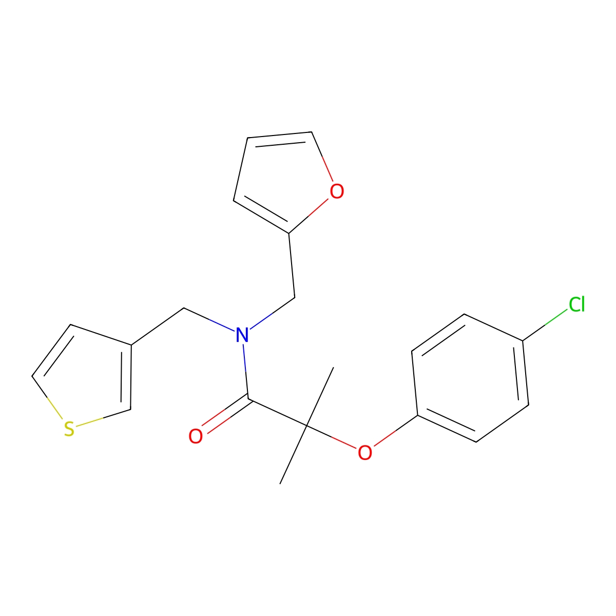 2-(4-chlorophenoxy)-N-(furan-2-ylmethyl)-2-methyl-N-(thiophen-3-ylmethyl)propanamide molecular structure, CAS 1226429-13-5