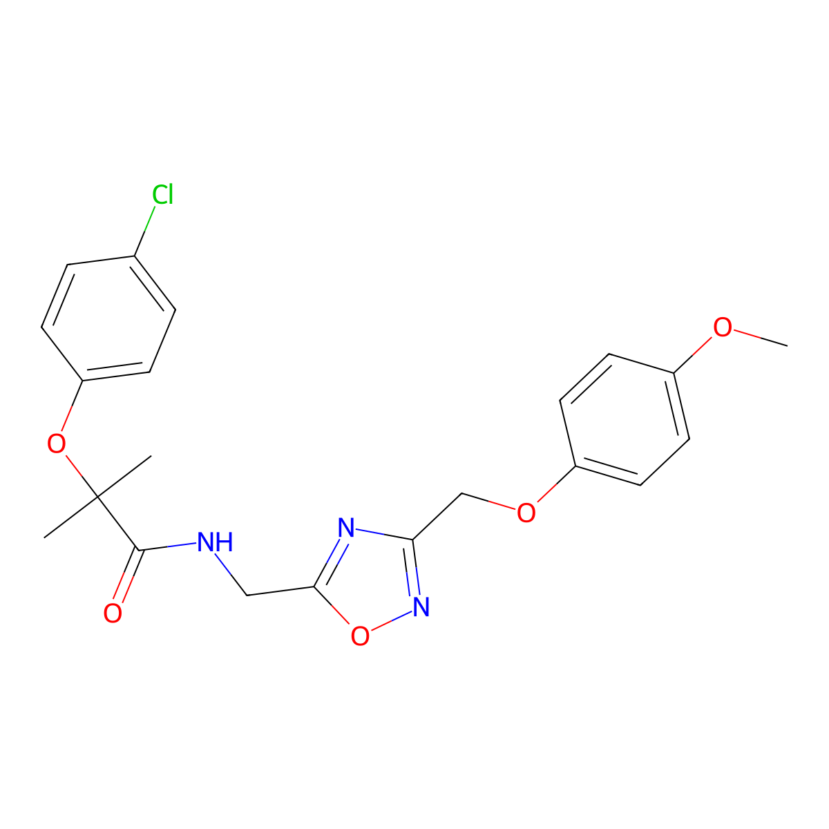 2-(4-chlorophenoxy)-N-({3-[(4-methoxyphenoxy)methyl]-1,2,4-oxadiazol-5-yl}methyl)-2-methylpropanamide molecular structure, CAS 1226429-23-7