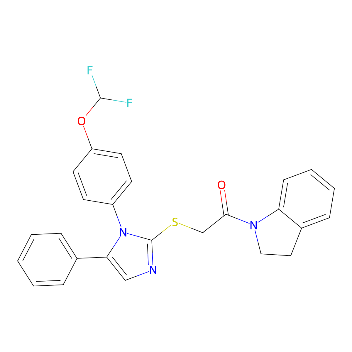 2-((1-(4-(difluoromethoxy)phenyl)-5-phenyl-1H-imidazol-2-yl)thio)-1-(indolin-1-yl)ethanone molecular structure, CAS 1226429-25-9