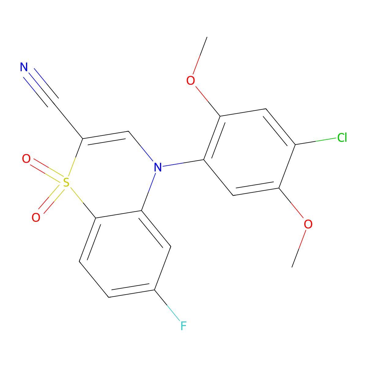 4-(4-chloro-2,5-dimethoxyphenyl)-6-fluoro-4H-1,4-benzothiazine-2-carbonitrile 1,1-dioxide molecular structure, CAS 1226429-32-8