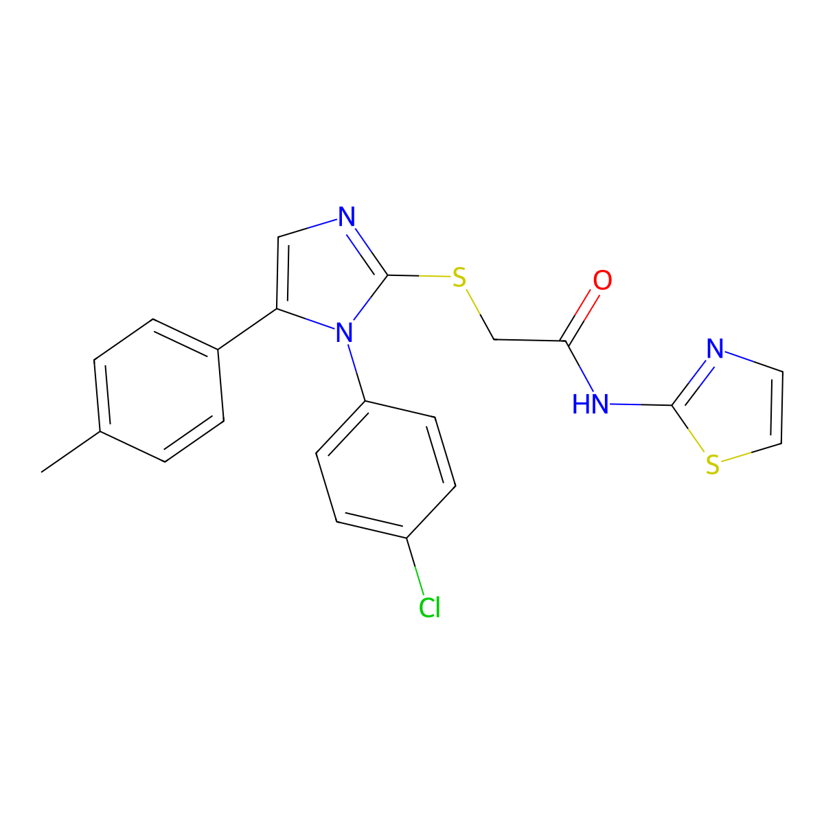 2-((1-(4-chlorophenyl)-5-(p-tolyl)-1H-imidazol-2-yl)thio)-N-(thiazol-2-yl)acetamide molecular structure, CAS 1226429-38-4