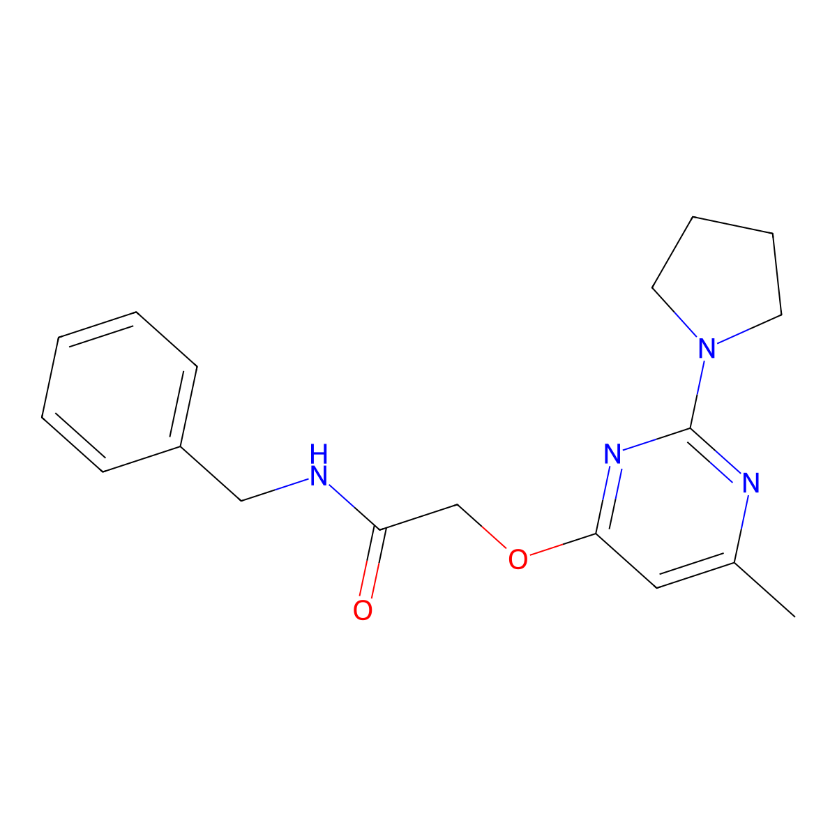 N-benzyl-2-{[6-methyl-2-(pyrrolidin-1-yl)pyrimidin-4-yl]oxy}acetamide molecular structure, CAS 1226429-51-1