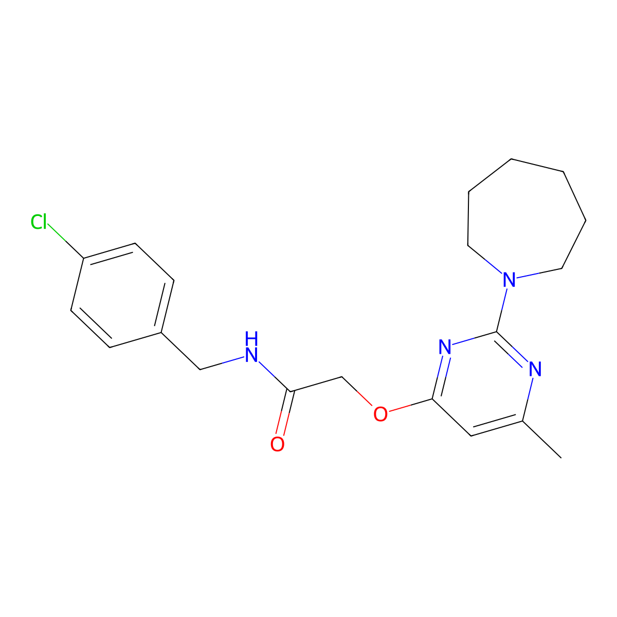 2-((2-(azepan-1-yl)-6-methylpyrimidin-4-yl)oxy)-N-(4-chlorobenzyl)acetamide molecular structure, CAS 1226429-53-3