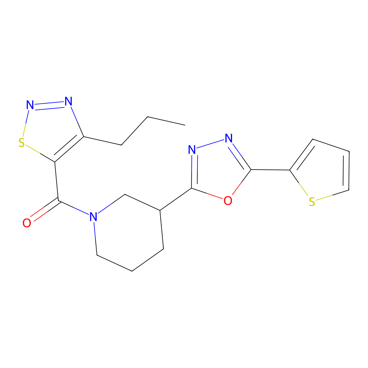 (4-Propyl-1,2,3-thiadiazol-5-yl)(3-(5-(thiophen-2-yl)-1,3,4-oxadiazol-2-yl)piperidin-1-yl)methanone molecular structure, CAS 1226429-56-6