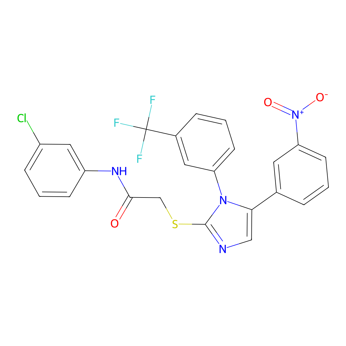 N-(3-chlorophenyl)-2-((5-(3-nitrophenyl)-1-(3-(trifluoromethyl)phenyl)-1H-imidazol-2-yl)thio)acetamide molecular structure, CAS 1226429-59-9