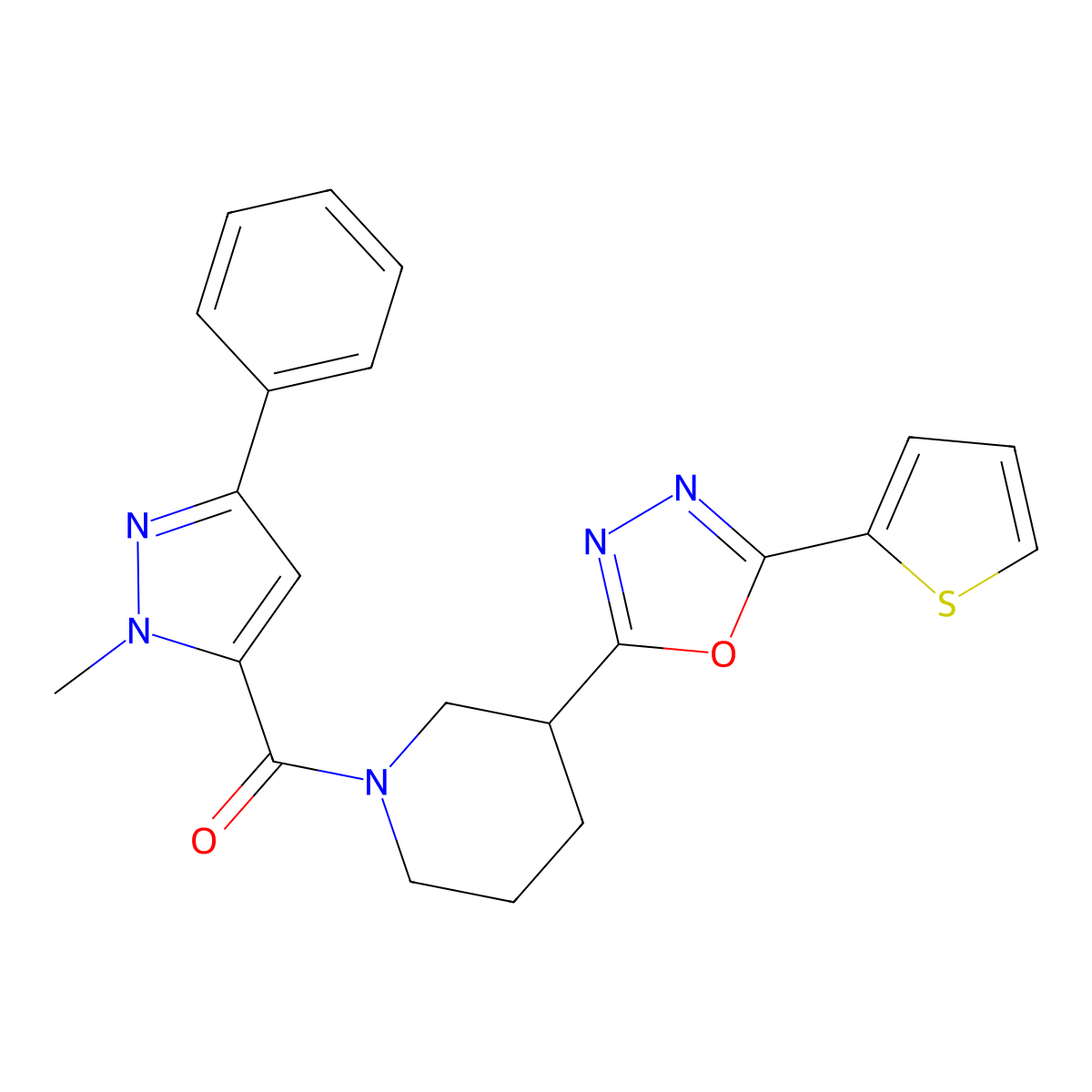 (1-methyl-3-phenyl-1H-pyrazol-5-yl)(3-(5-(thiophen-2-yl)-1,3,4-oxadiazol-2-yl)piperidin-1-yl)methanone molecular structure, CAS 1226429-60-2