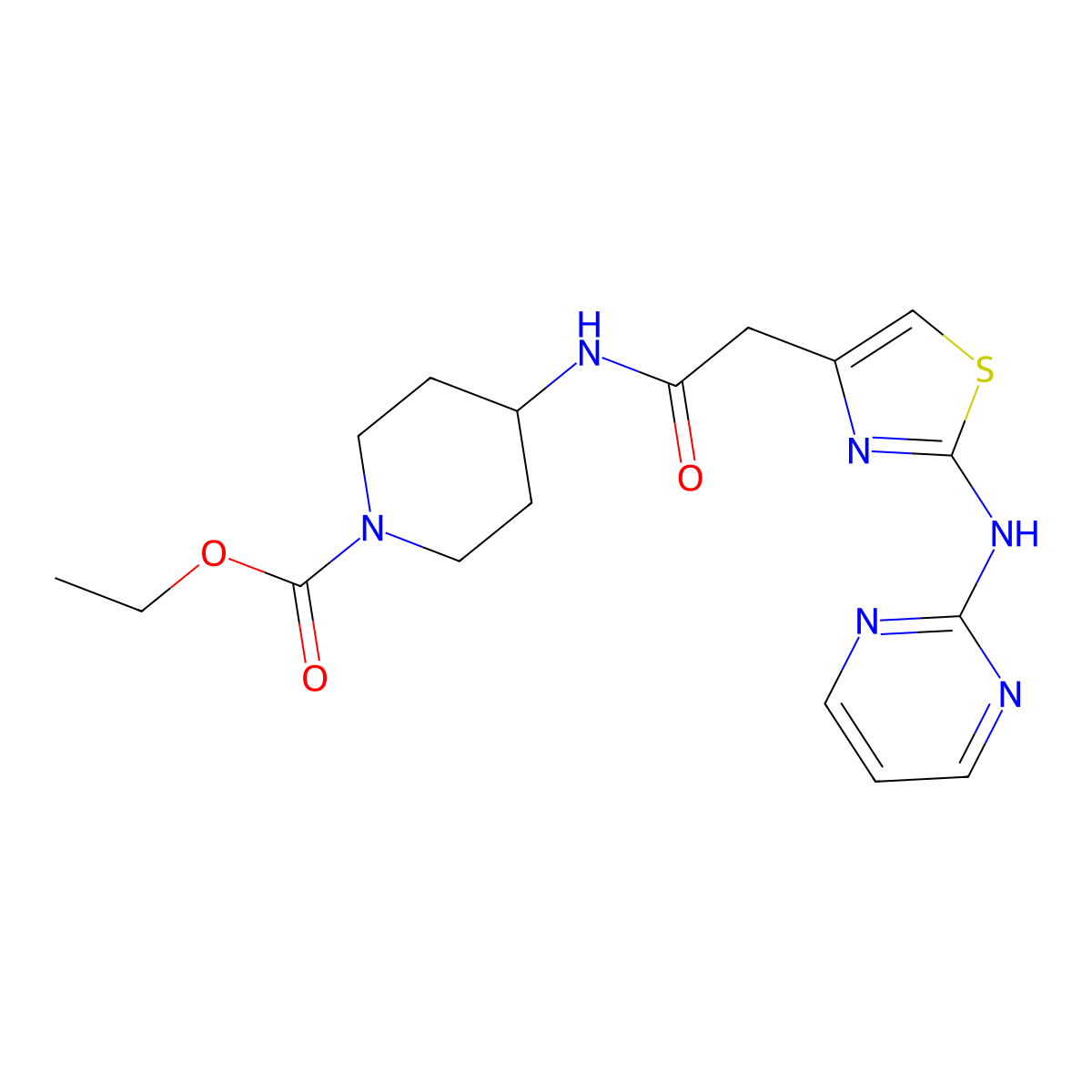 Ethyl 4-(2-(2-(pyrimidin-2-ylamino)thiazol-4-yl)acetamido)piperidine-1-carboxylate molecular structure, CAS 1226429-72-6
