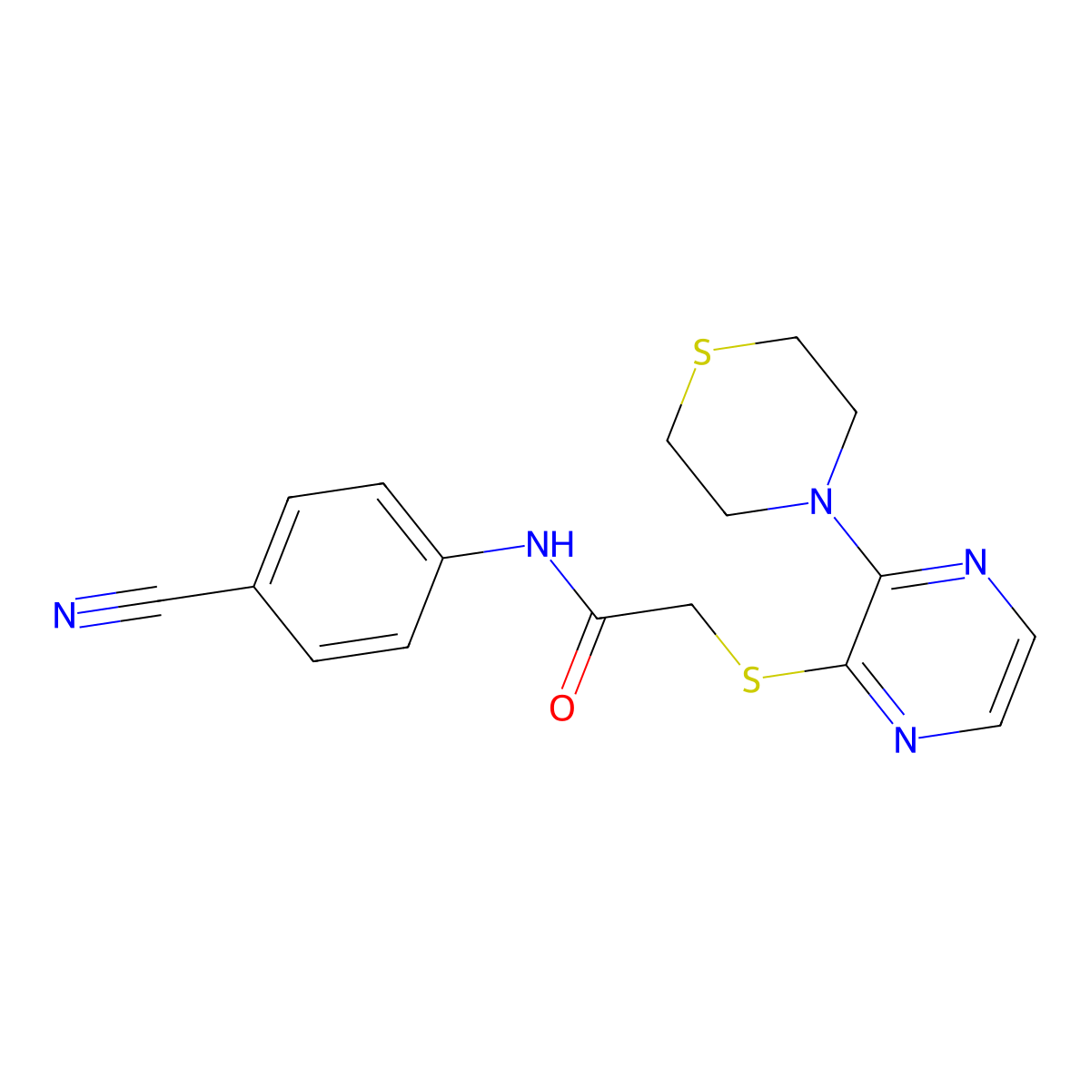 N-(4-cyanophenyl)-2-((3-thiomorpholinopyrazin-2-yl)thio)acetamide molecular structure, CAS 1226429-75-9