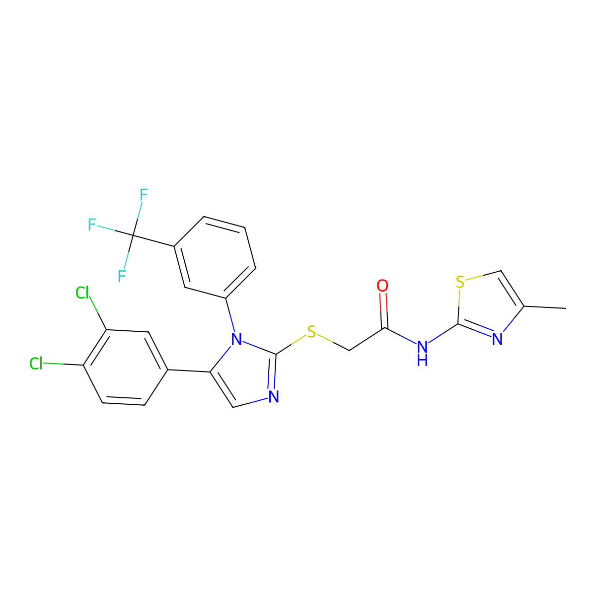 2-((5-(3,4-dichlorophenyl)-1-(3-(trifluoromethyl)phenyl)-1H-imidazol-2-yl)thio)-N-(4-methylthiazol-2-yl)acetamide molecular structure, CAS 1226429-85-1
