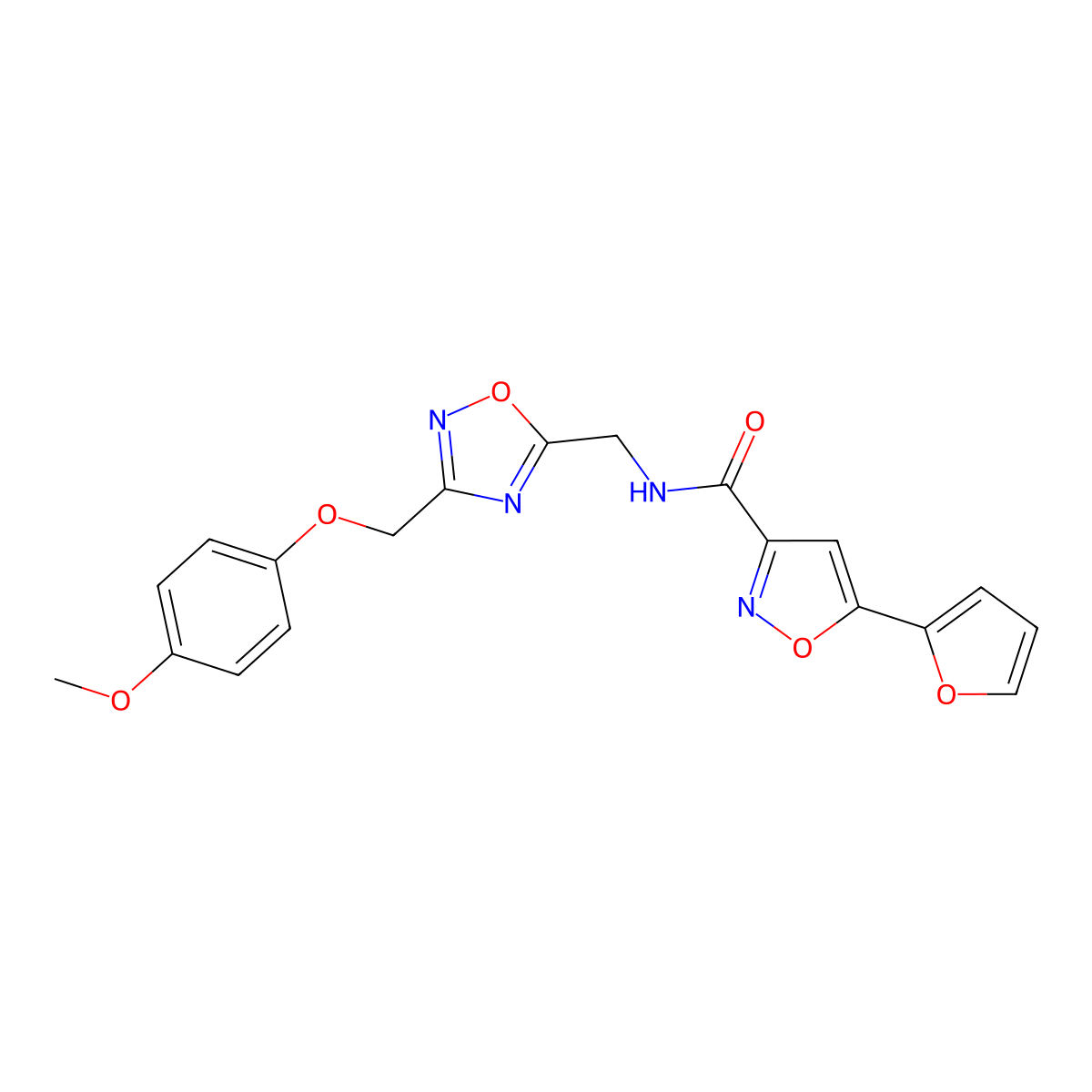 5-(furan-2-yl)-N-((3-((4-methoxyphenoxy)methyl)-1,2,4-oxadiazol-5-yl)methyl)isoxazole-3-carboxamide molecular structure, CAS 1226429-87-3