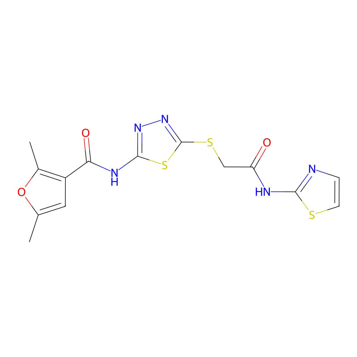 2,5-dimethyl-N-(5-((2-oxo-2-(thiazol-2-ylamino)ethyl)thio)-1,3,4-thiadiazol-2-yl)furan-3-carboxamide molecular structure, CAS 1226430-00-7