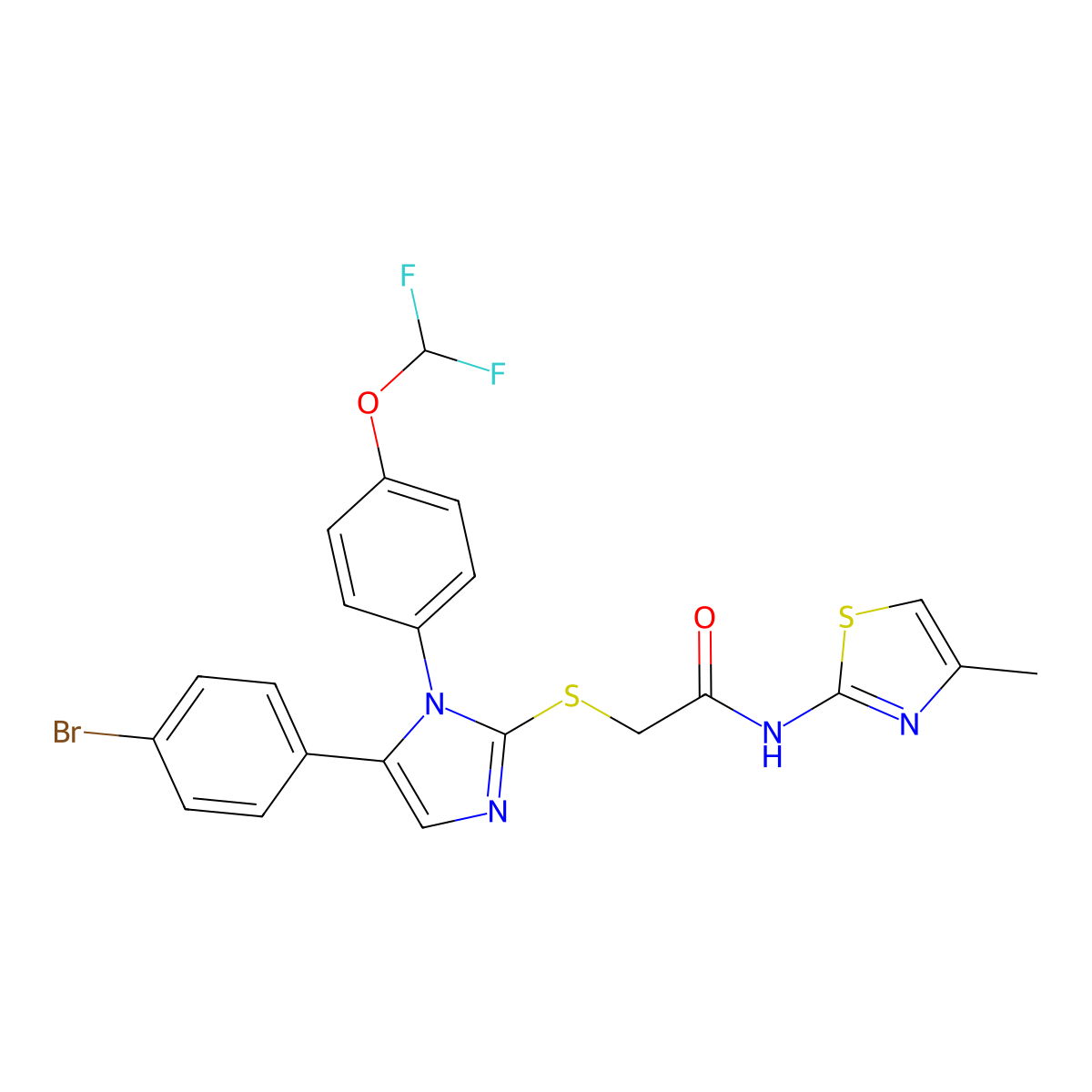 2-((5-(4-bromophenyl)-1-(4-(difluoromethoxy)phenyl)-1H-imidazol-2-yl)thio)-N-(4-methylthiazol-2-yl)acetamide molecular structure, CAS 1226430-07-4