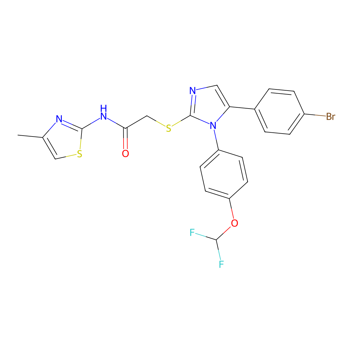 2-((5-(4-bromophenyl)-1-(4-(difluoromethoxy)phenyl)-1H-imidazol-2-yl)thio)-N-(4-methylthiazol-2-yl)acetamide molecular structure, CAS 1226430-07-4