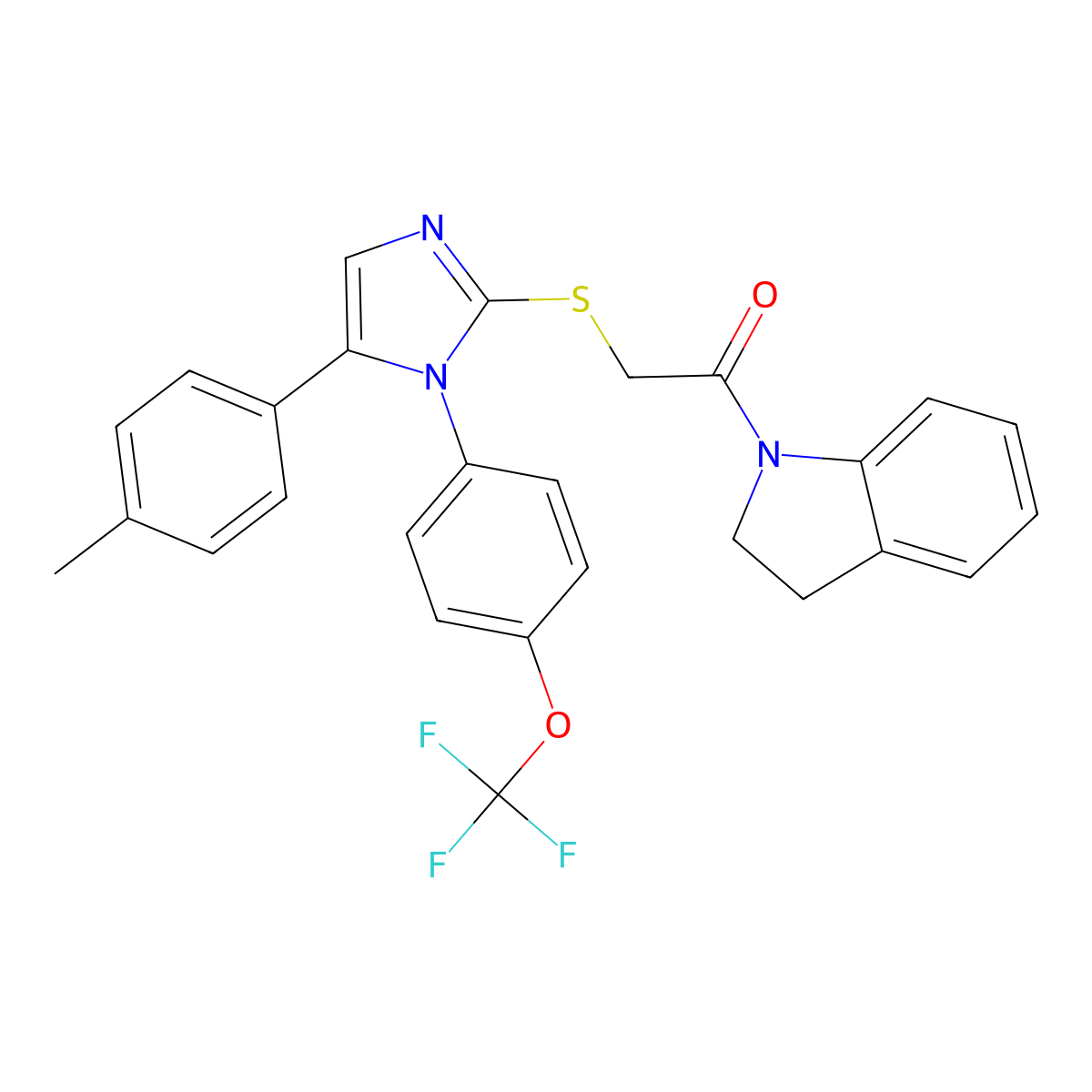 1-(indolin-1-yl)-2-((5-(p-tolyl)-1-(4-(trifluoromethoxy)phenyl)-1H-imidazol-2-yl)thio)ethanone molecular structure, CAS 1226430-35-8
