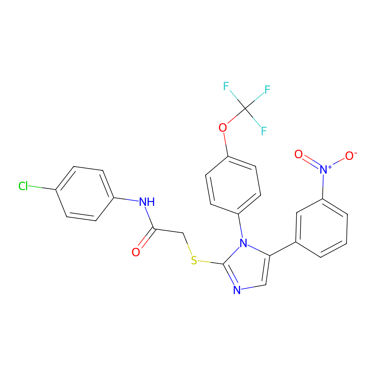 N-(4-chlorophenyl)-2-((5-(3-nitrophenyl)-1-(4-(trifluoromethoxy)phenyl)-1H-imidazol-2-yl)thio)acetamide molecular structure, CAS 1226430-50-7