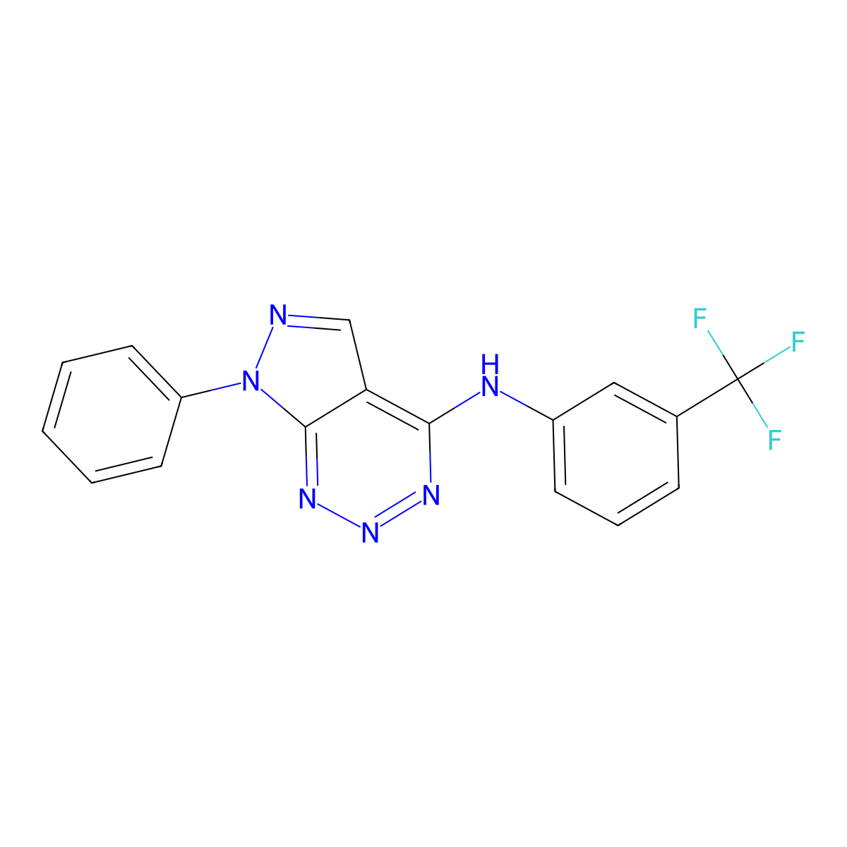 7-phenyl-N-(3-(trifluoromethyl)phenyl)-7H-pyrazolo[3,4-d][1,2,3]triazin-4-amine molecular structure, CAS 1226430-58-5