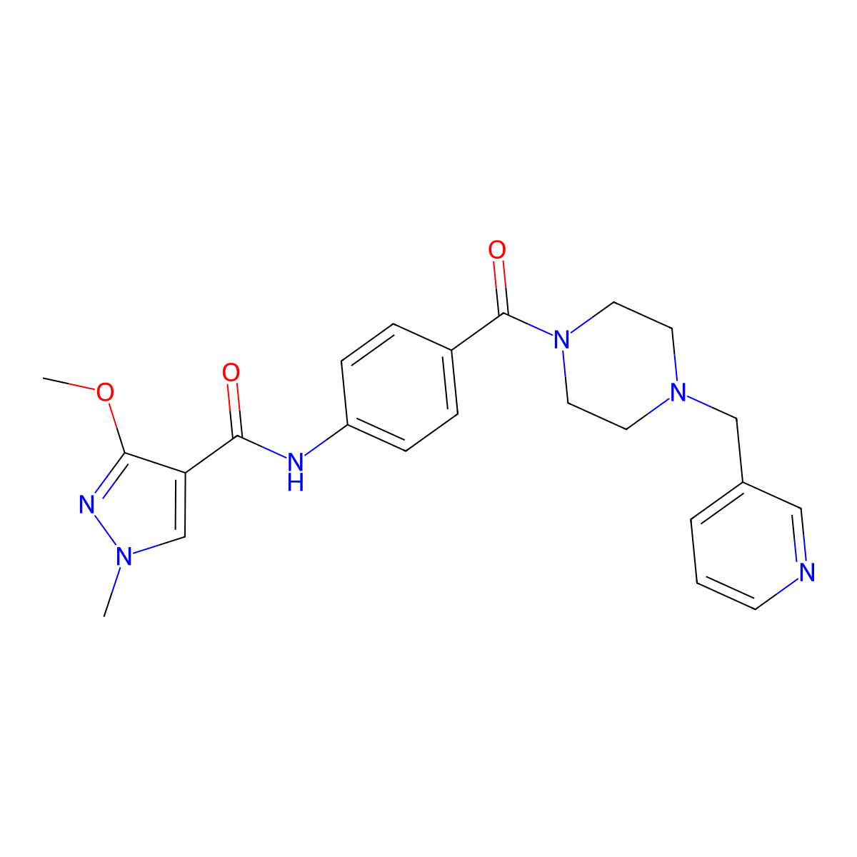 3-methoxy-1-methyl-N-(4-(4-(pyridin-3-ylmethyl)piperazine-1-carbonyl)phenyl)-1H-pyrazole-4-carboxamide molecular structure, CAS 1226430-69-8