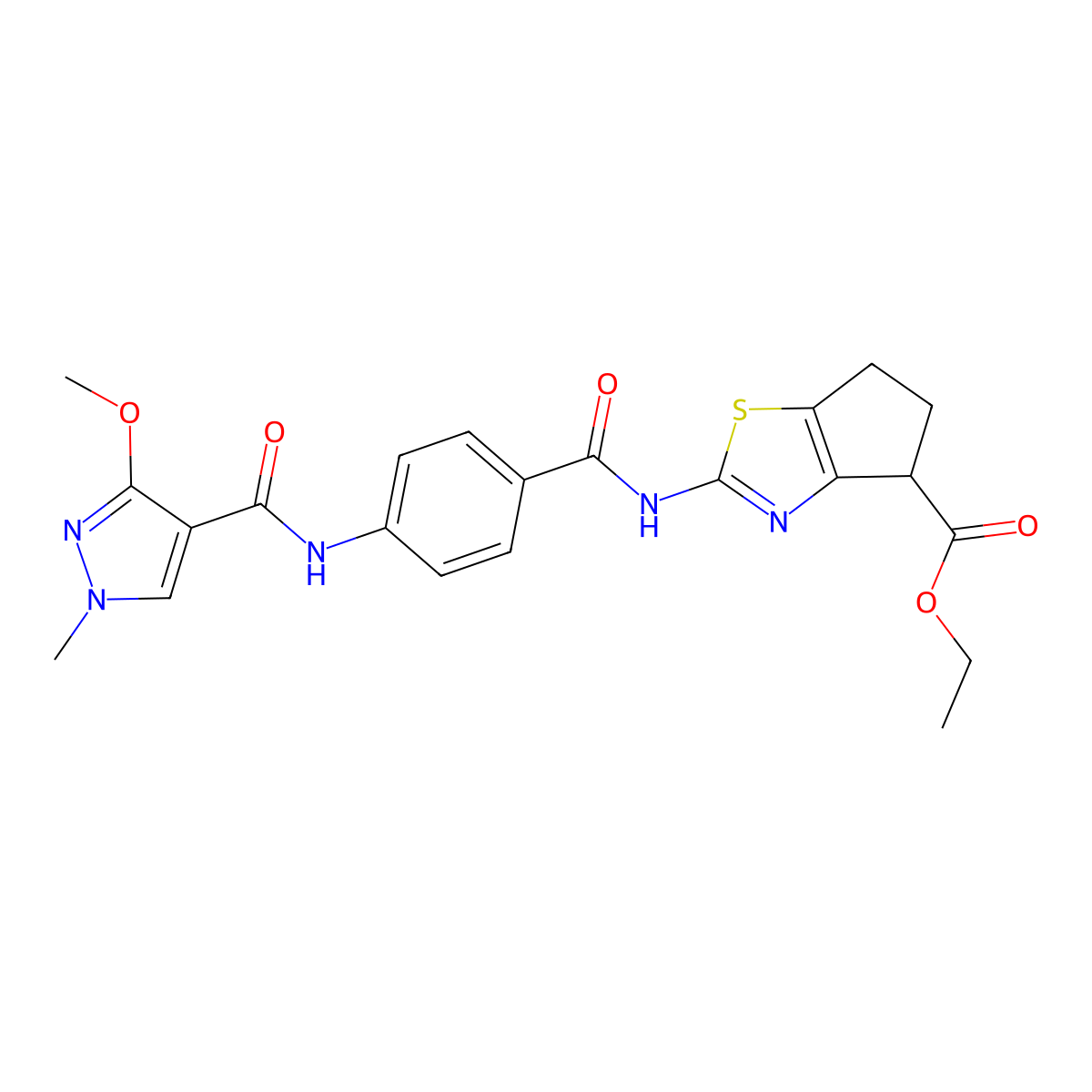 ethyl 2-(4-(3-methoxy-1-methyl-1H-pyrazole-4-carboxamido)benzamido)-5,6-dihydro-4H-cyclopenta[d]thiazole-4-carboxylate molecular structure, CAS 1226430-82-5