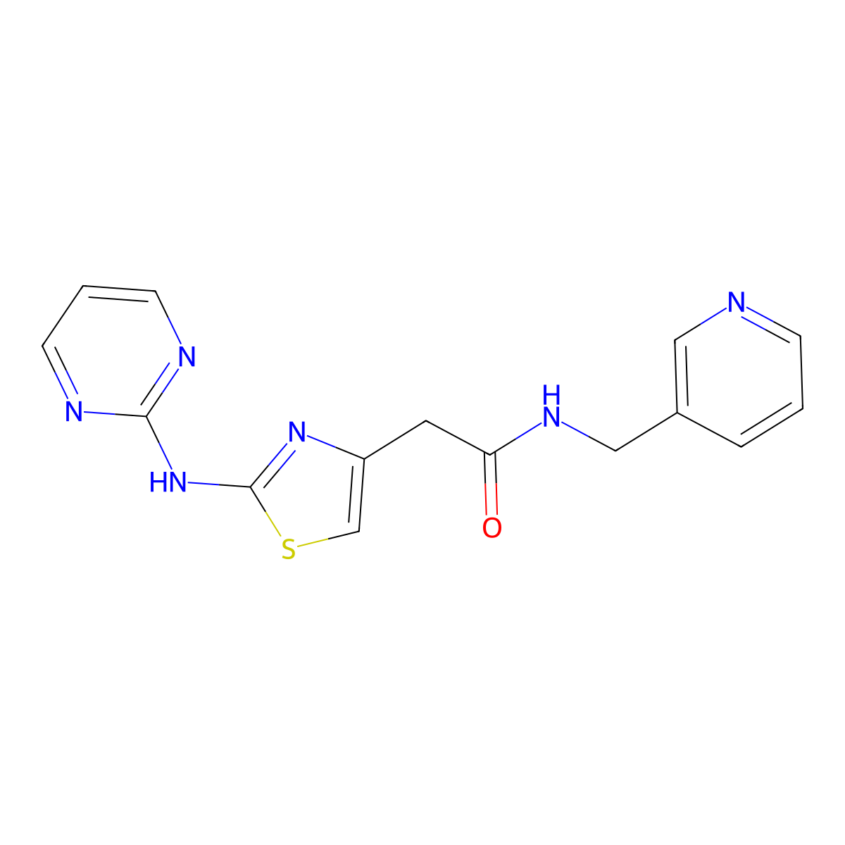 N-(pyridin-3-ylmethyl)-2-(2-(pyrimidin-2-ylamino)thiazol-4-yl)acetamide molecular structure, CAS 1226430-87-0