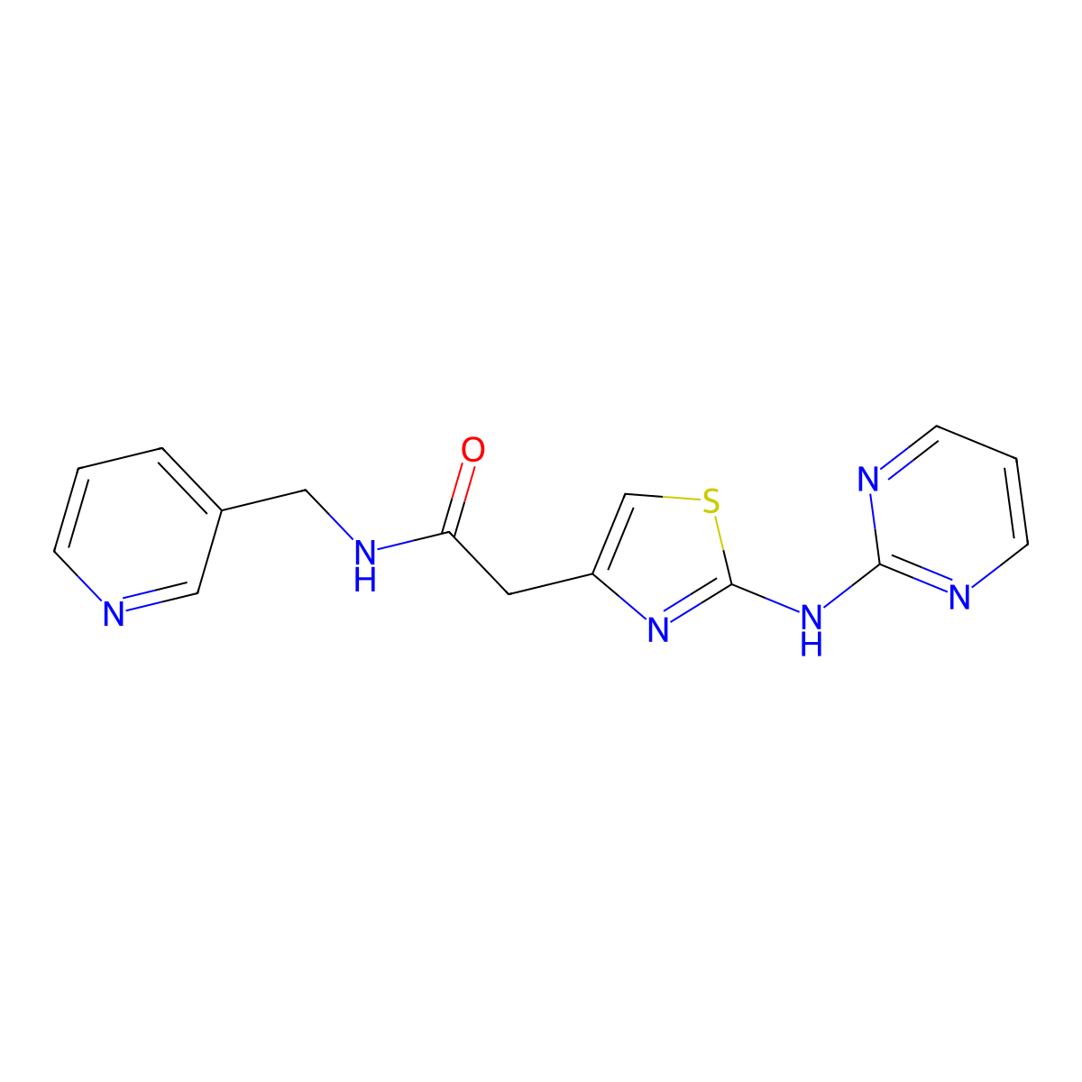 N-(pyridin-3-ylmethyl)-2-(2-(pyrimidin-2-ylamino)thiazol-4-yl)acetamide molecular structure, CAS 1226430-87-0