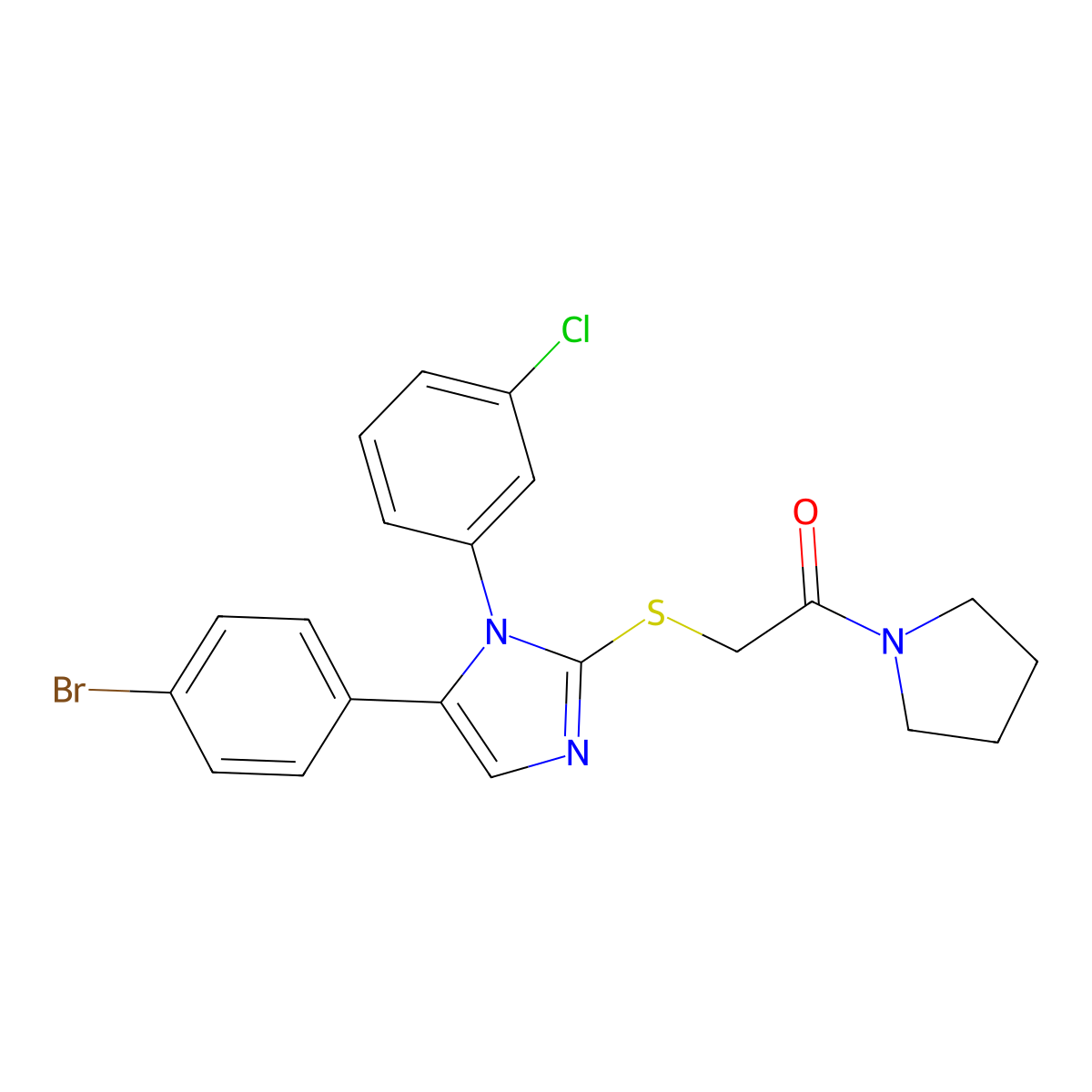 2-((5-(4-bromophenyl)-1-(3-chlorophenyl)-1H-imidazol-2-yl)thio)-1-(pyrrolidin-1-yl)ethanone molecular structure, CAS 1226431-01-1