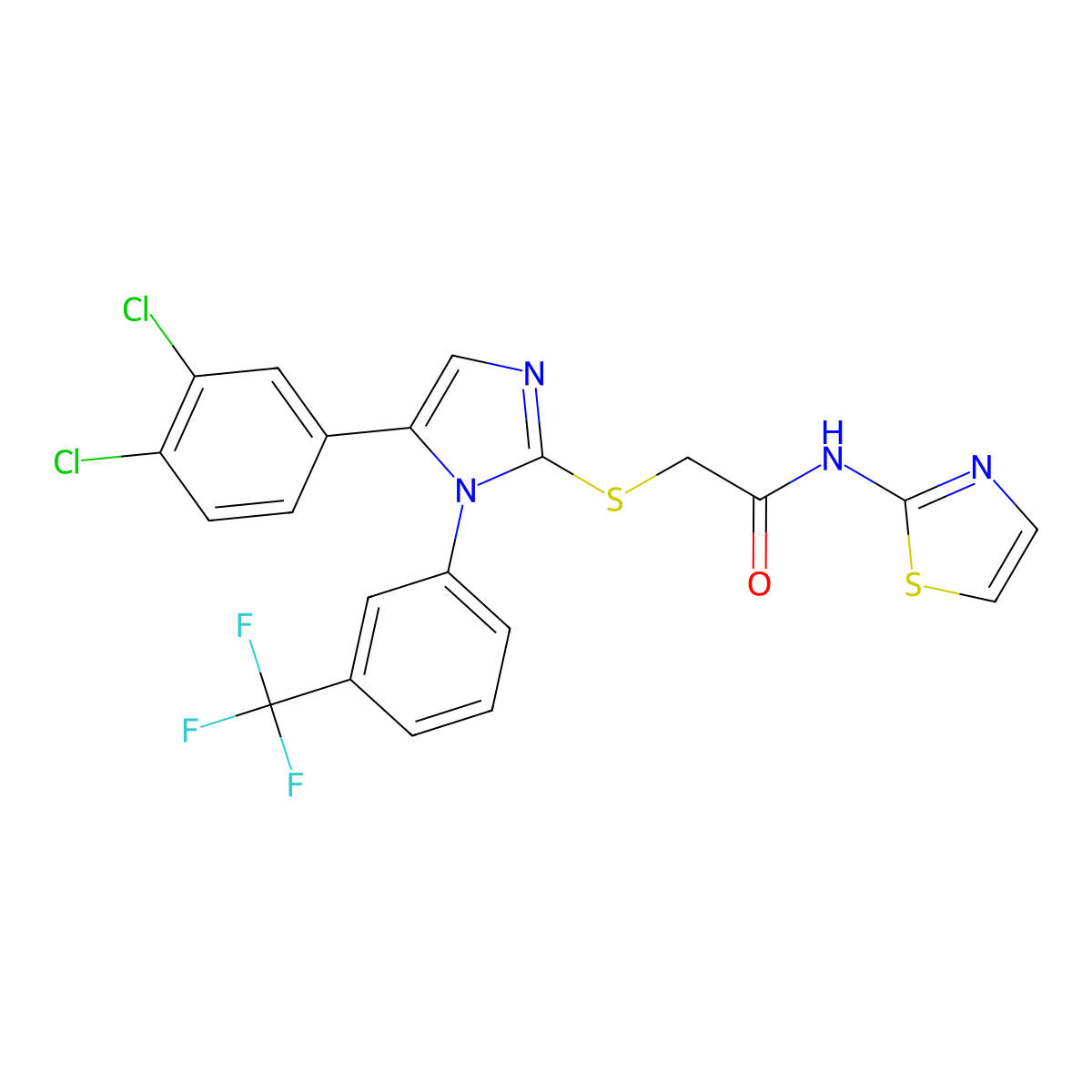 2-((5-(3,4-dichlorophenyl)-1-(3-(trifluoromethyl)phenyl)-1H-imidazol-2-yl)thio)-N-(thiazol-2-yl)acetamide molecular structure, CAS 1226431-02-2
