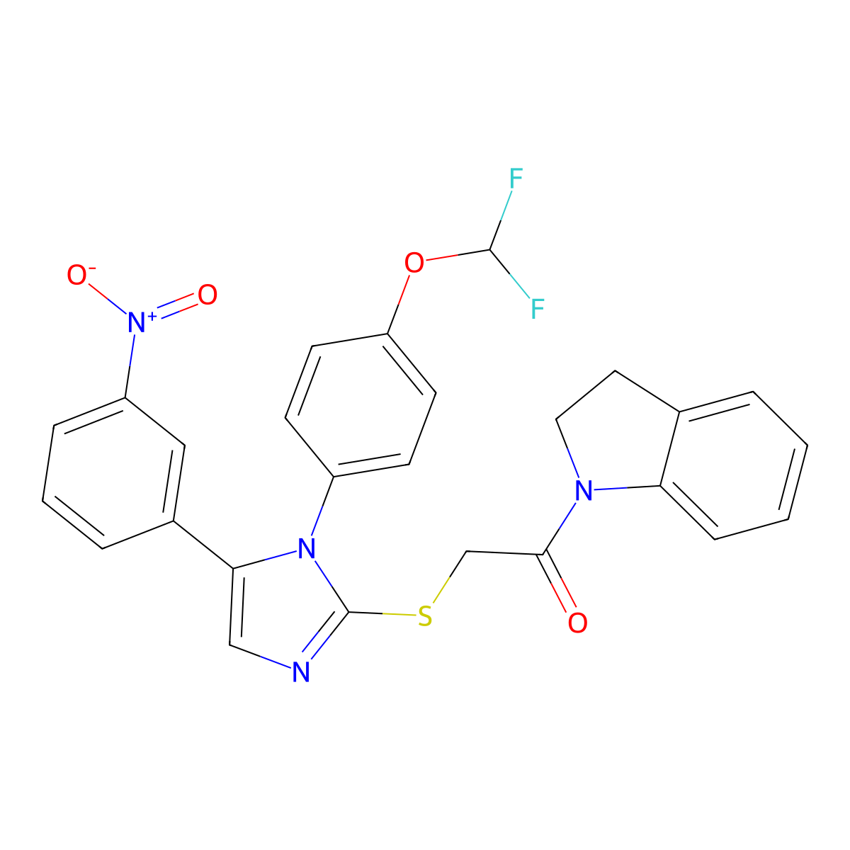 2-((1-(4-(difluoromethoxy)phenyl)-5-(3-nitrophenyl)-1H-imidazol-2-yl)thio)-1-(indolin-1-yl)ethanone molecular structure, CAS 1226431-06-6