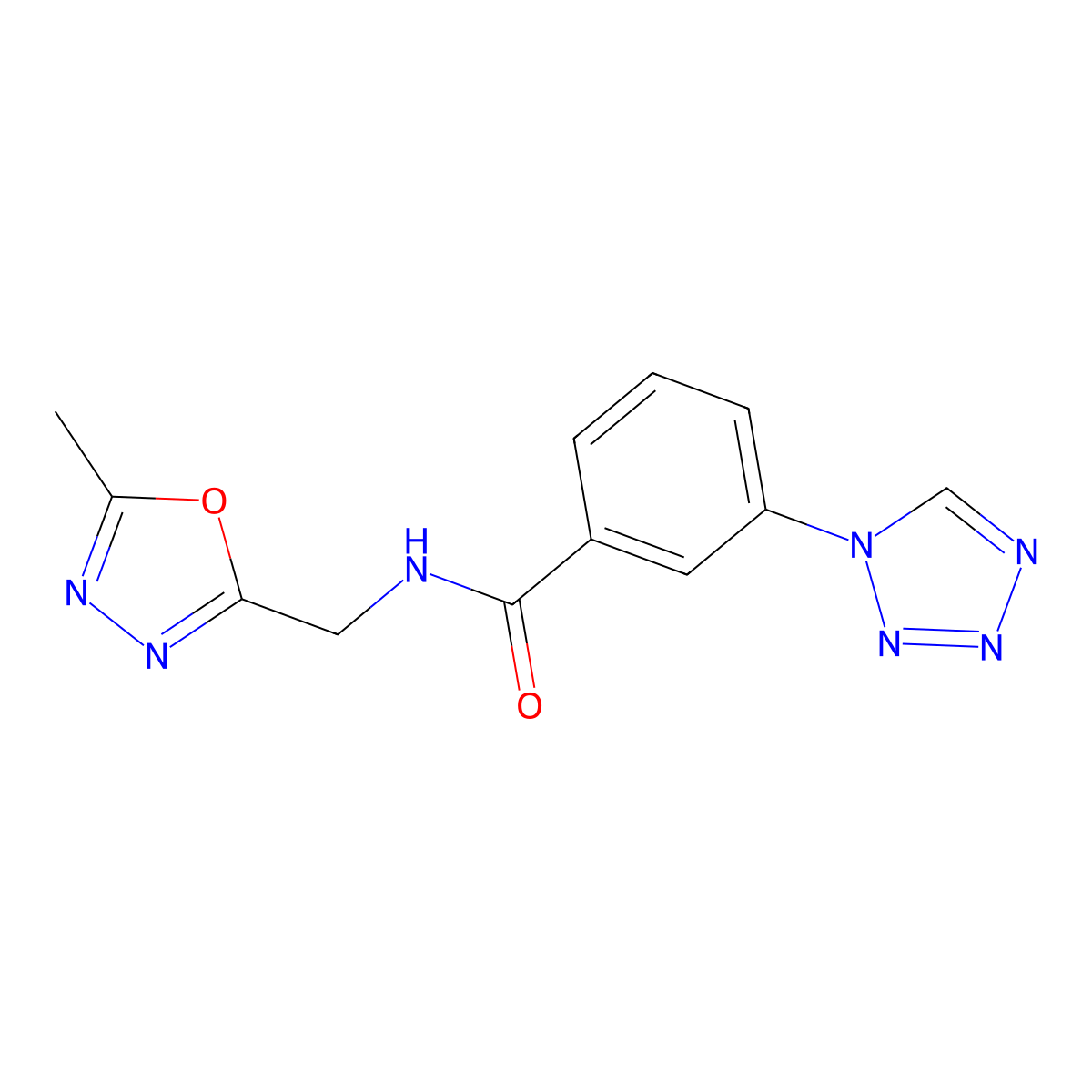 N-((5-methyl-1,3,4-oxadiazol-2-yl)methyl)-3-(1H-tetrazol-1-yl)benzamide molecular structure, CAS 1226431-21-5