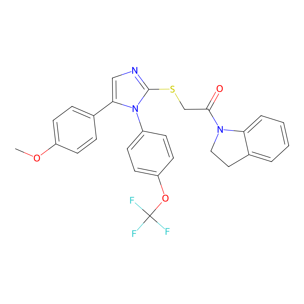 1-(indolin-1-yl)-2-((5-(4-methoxyphenyl)-1-(4-(trifluoromethoxy)phenyl)-1H-imidazol-2-yl)thio)ethanone molecular structure, CAS 1226431-26-0