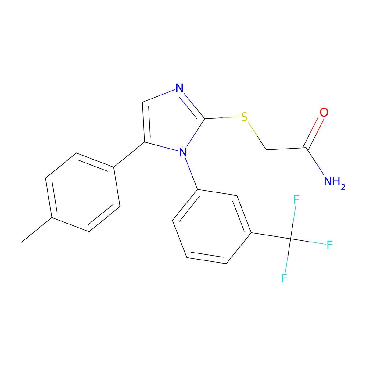 2-((5-(p-tolyl)-1-(3-(trifluoromethyl)phenyl)-1H-imidazol-2-yl)thio)acetamide molecular structure, CAS 1226431-47-5