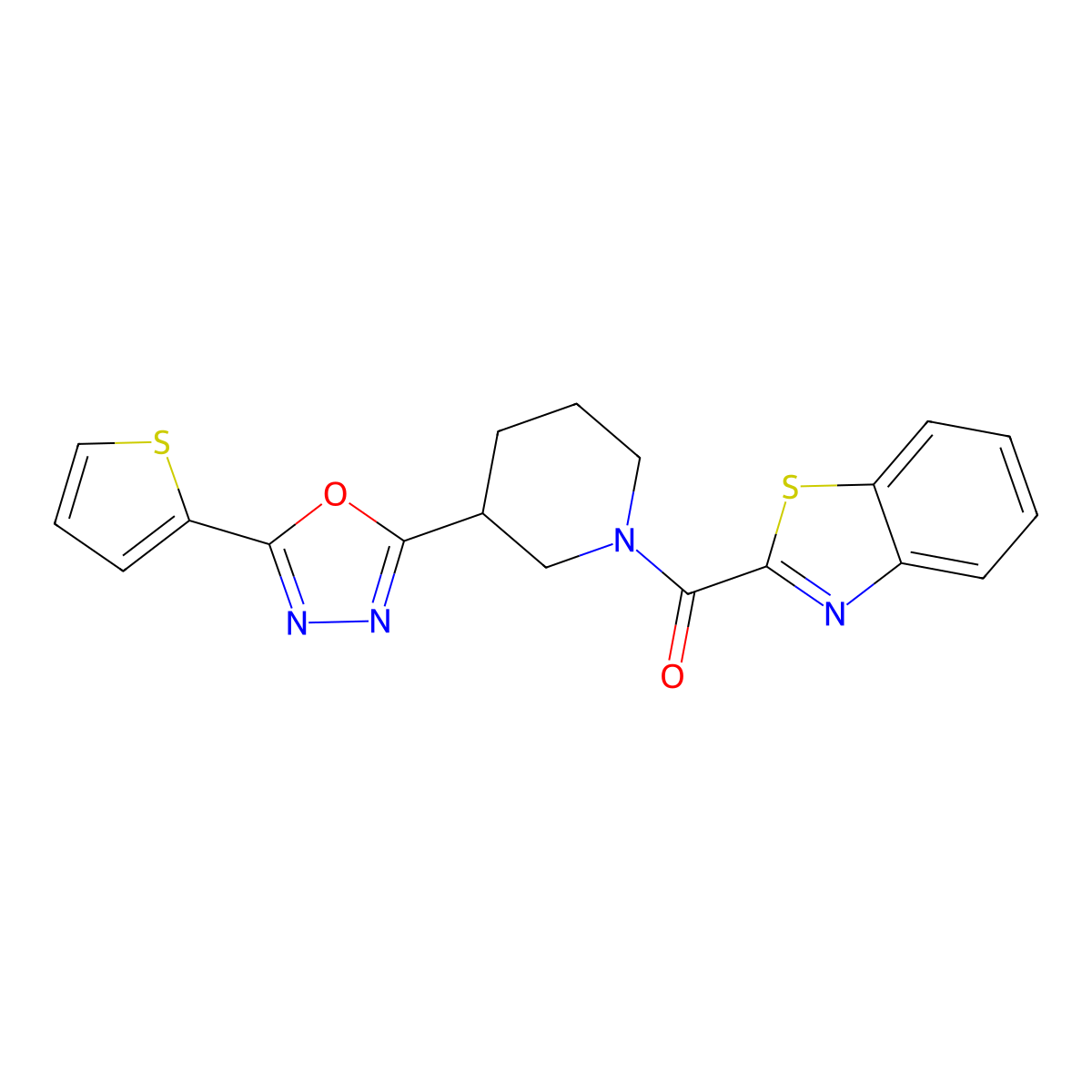 Benzo[d]thiazol-2-yl(3-(5-(thiophen-2-yl)-1,3,4-oxadiazol-2-yl)piperidin-1-yl)methanone molecular structure, CAS 1226431-48-6