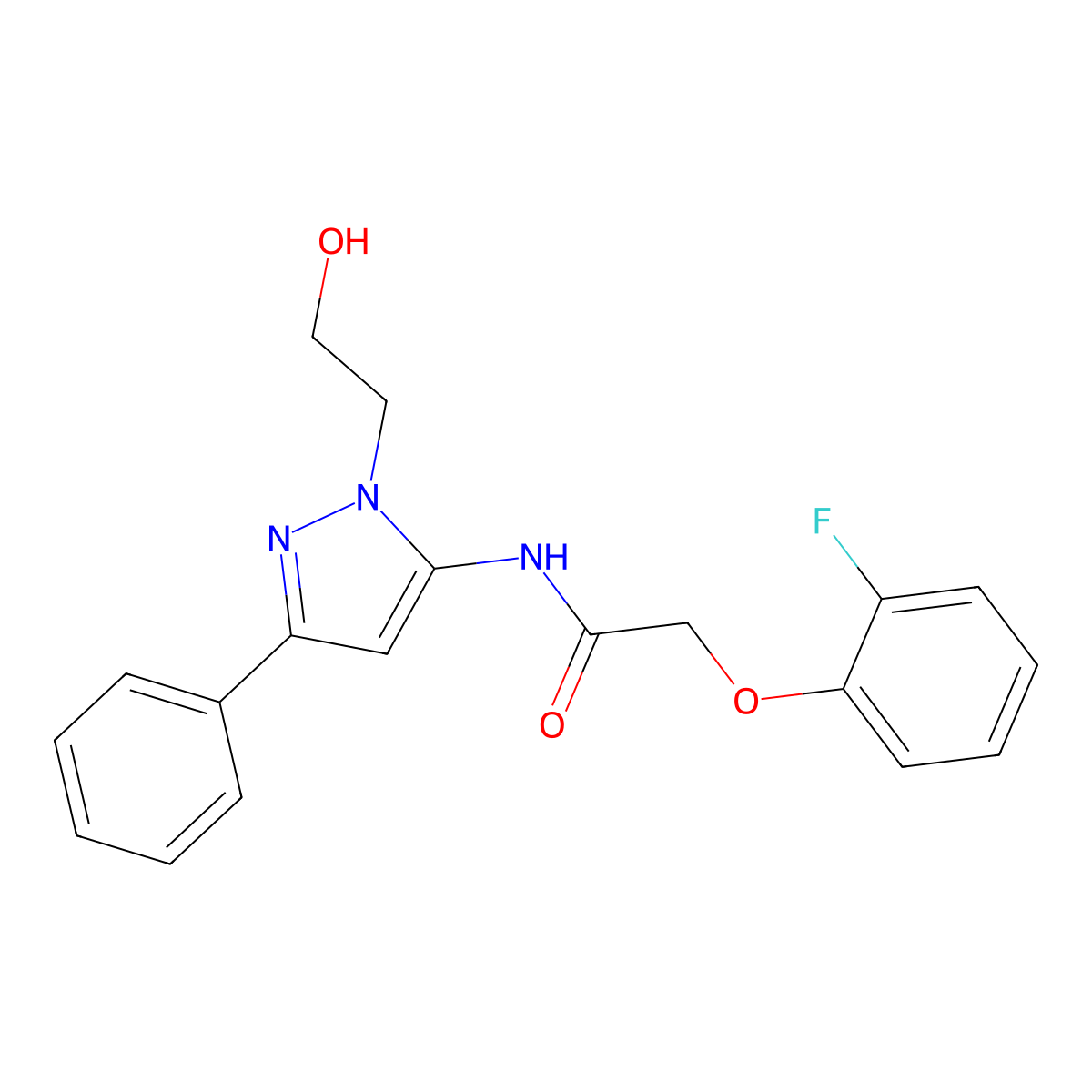 2-(2-fluorophenoxy)-N-(1-(2-hydroxyethyl)-3-phenyl-1H-pyrazol-5-yl)acetamide molecular structure, CAS 1226431-54-4