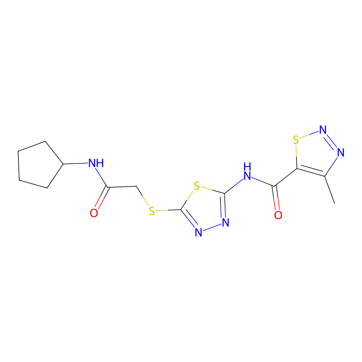 N-(5-((2-(cyclopentylamino)-2-oxoethyl)thio)-1,3,4-thiadiazol-2-yl)-4-methyl-1,2,3-thiadiazole-5-carboxamide molecular structure, CAS 1226431-60-2