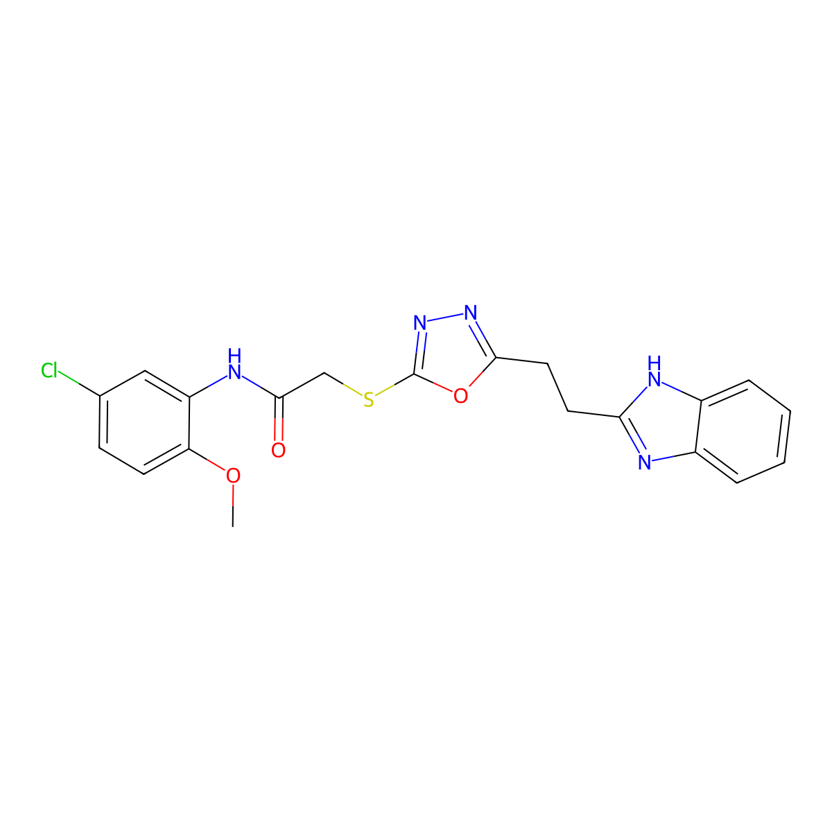 2-((5-(2-(1H-benzo[d]imidazol-2-yl)ethyl)-1,3,4-oxadiazol-2-yl)thio)-N-(5-chloro-2-methoxyphenyl)acetamide molecular structure, CAS 1226431-62-4