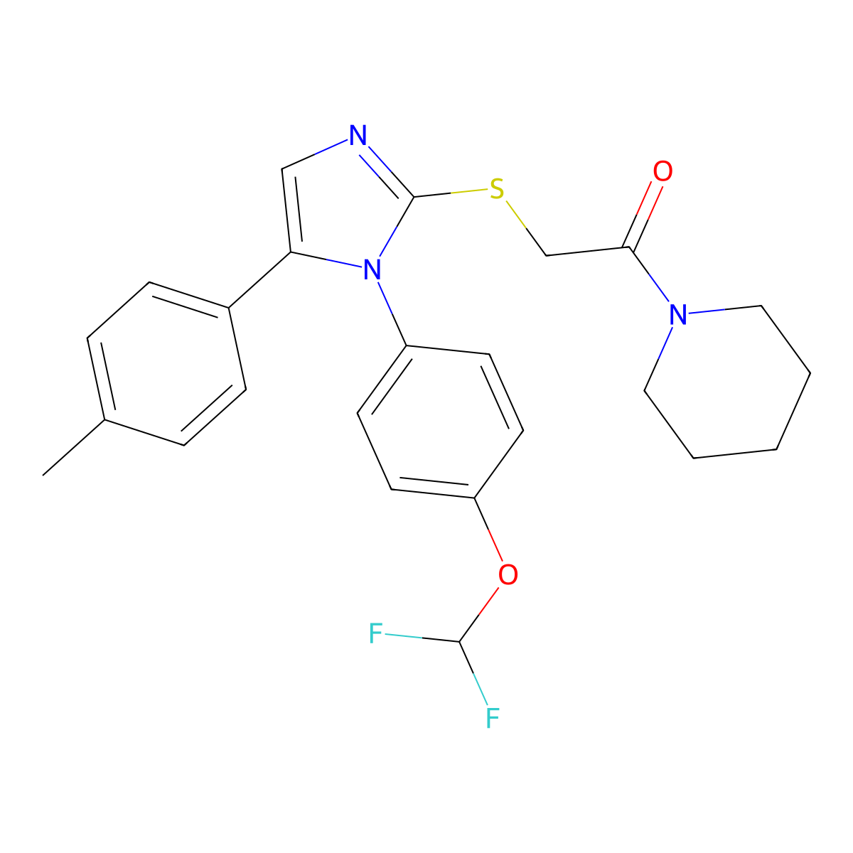 2-((1-(4-(difluoromethoxy)phenyl)-5-(p-tolyl)-1H-imidazol-2-yl)thio)-1-(piperidin-1-yl)ethanone molecular structure, CAS 1226431-69-1