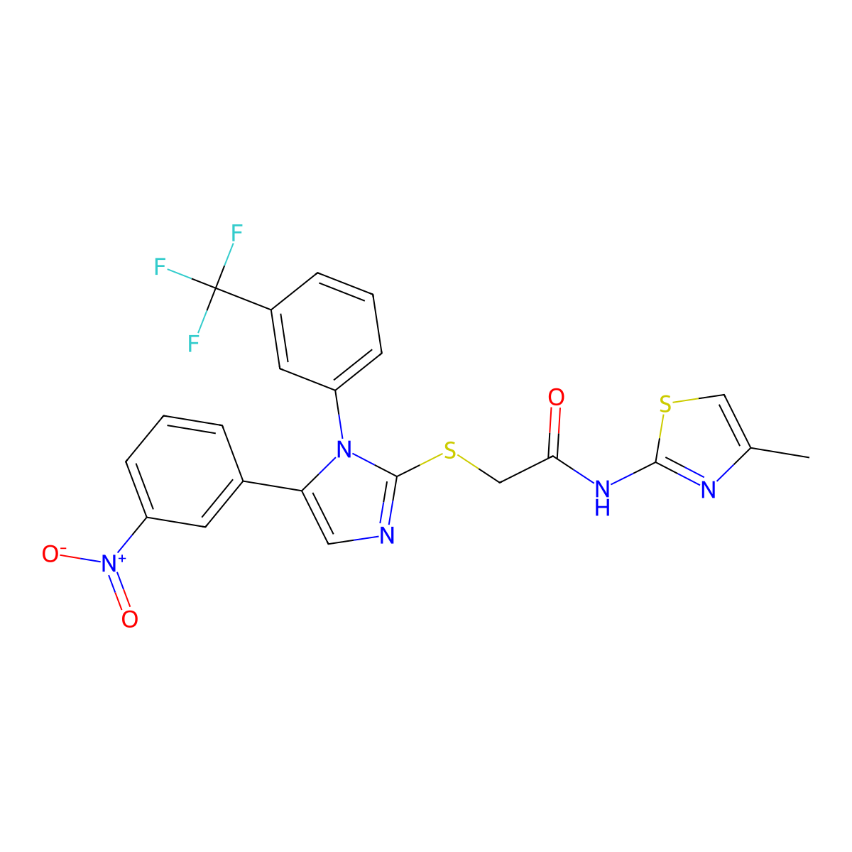 N-(4-methylthiazol-2-yl)-2-((5-(3-nitrophenyl)-1-(3-(trifluoromethyl)phenyl)-1H-imidazol-2-yl)thio)acetamide molecular structure, CAS 1226431-70-4