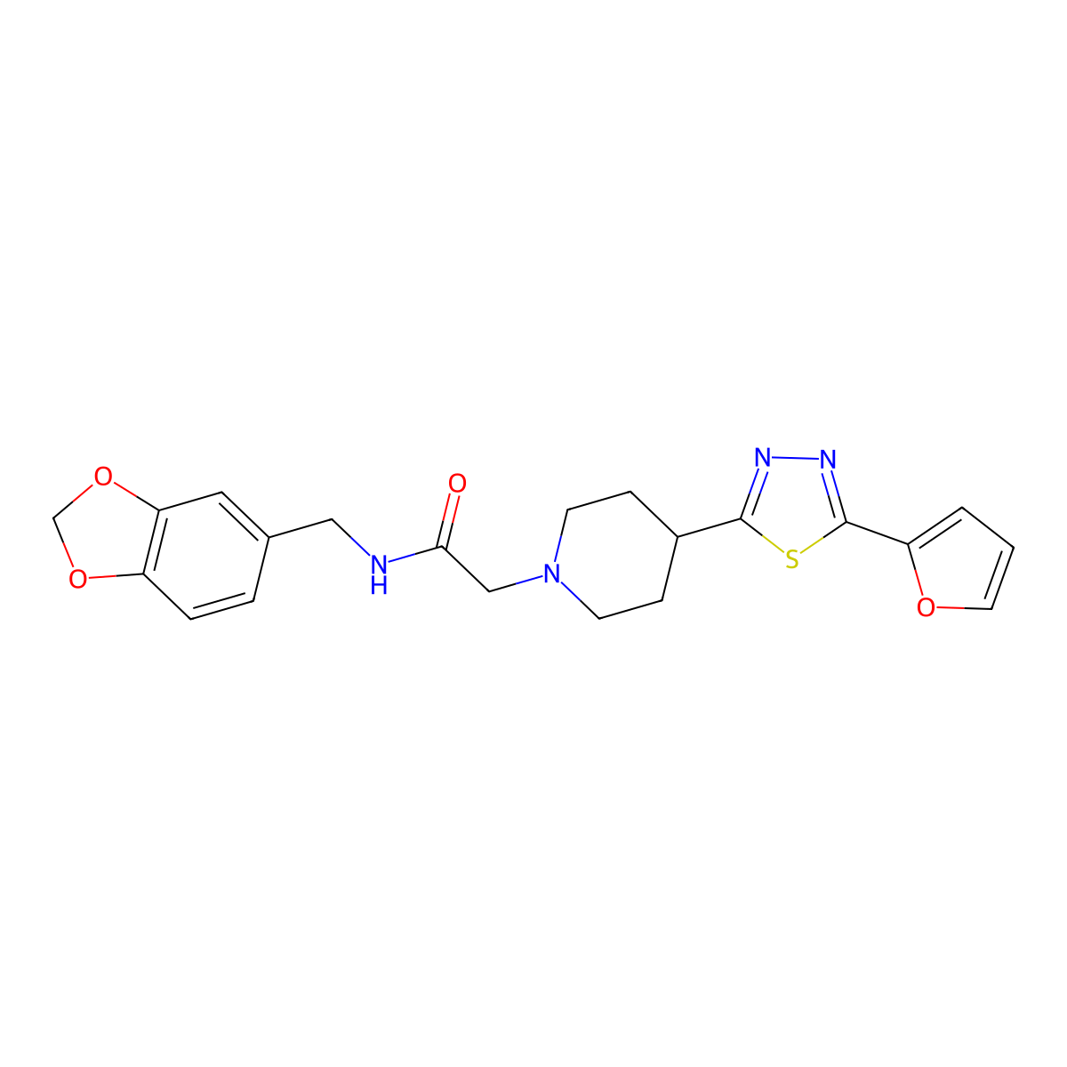 N-(benzo[d][1,3]dioxol-5-ylmethyl)-2-(4-(5-(furan-2-yl)-1,3,4-thiadiazol-2-yl)piperidin-1-yl)acetamide molecular structure, CAS 1226431-79-3